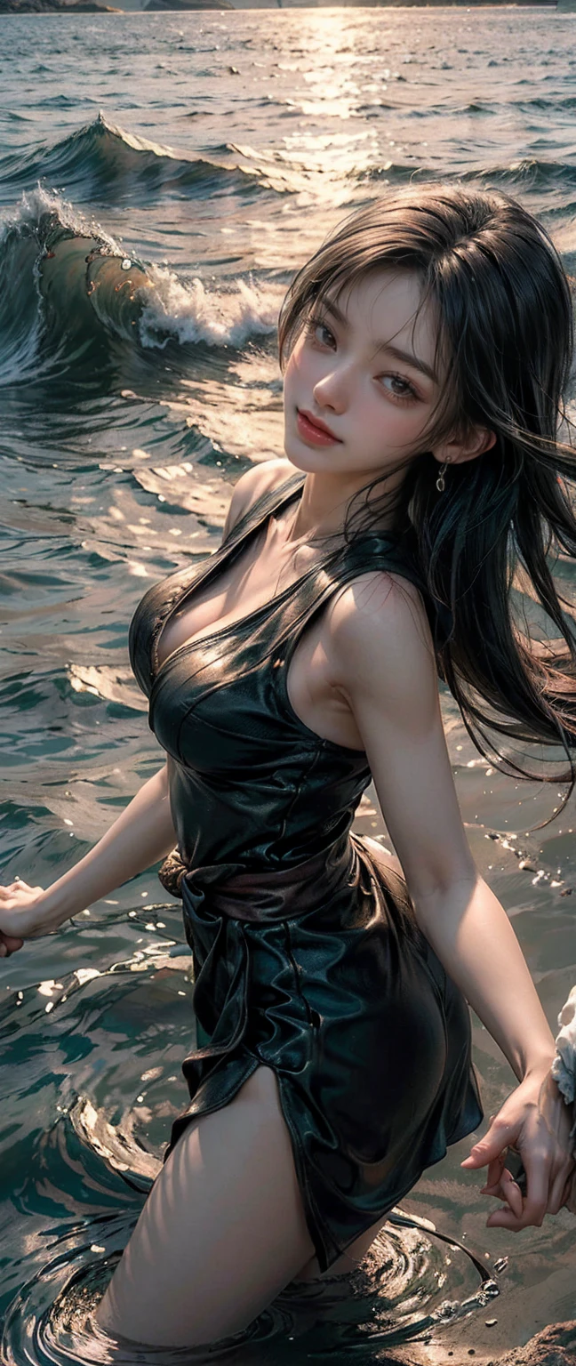 ((masterpiece, highest quality, Highest image quality, High resolution, photorealistic, Raw photo, 8K)), ((Extremely detailed CG unified 8k wallpaper)), Floating, Side view of a woman sitting on a giant crescent moon in the night sky, Ancient Greek clothing