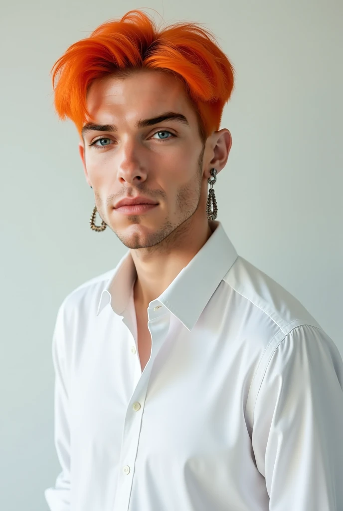 A red-haired boy with intensely blue eyes, attractive with angelic and seductive features .He is dressed in a short-sleeved formal shirt with tattoos on his right arm.,In his hand he has a silver ring with a red diamond , holding a glass of liquor ,leaning out the window watching the moon . That the image is of good quality in color and realistic