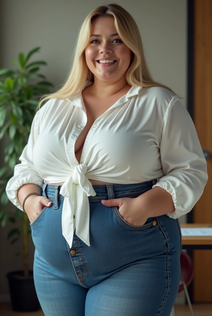 27 year old Woman, five foot tall, chubby, overweight, gorgeous face, light freckles, spixie cut light reddish blonde hair, round blue eyes, full lips, thick wide hips, , round belly, sweet smile, defined cheekbones, defined jawline, pointed chin, kind eyes, standing next to a brick homes front door, wearing open red plaid shirt over tight white shirt, wearing tight blue jean shorts, photo-realistic, ultra high quality, sharp Focus, crazy details, 8k uhd 