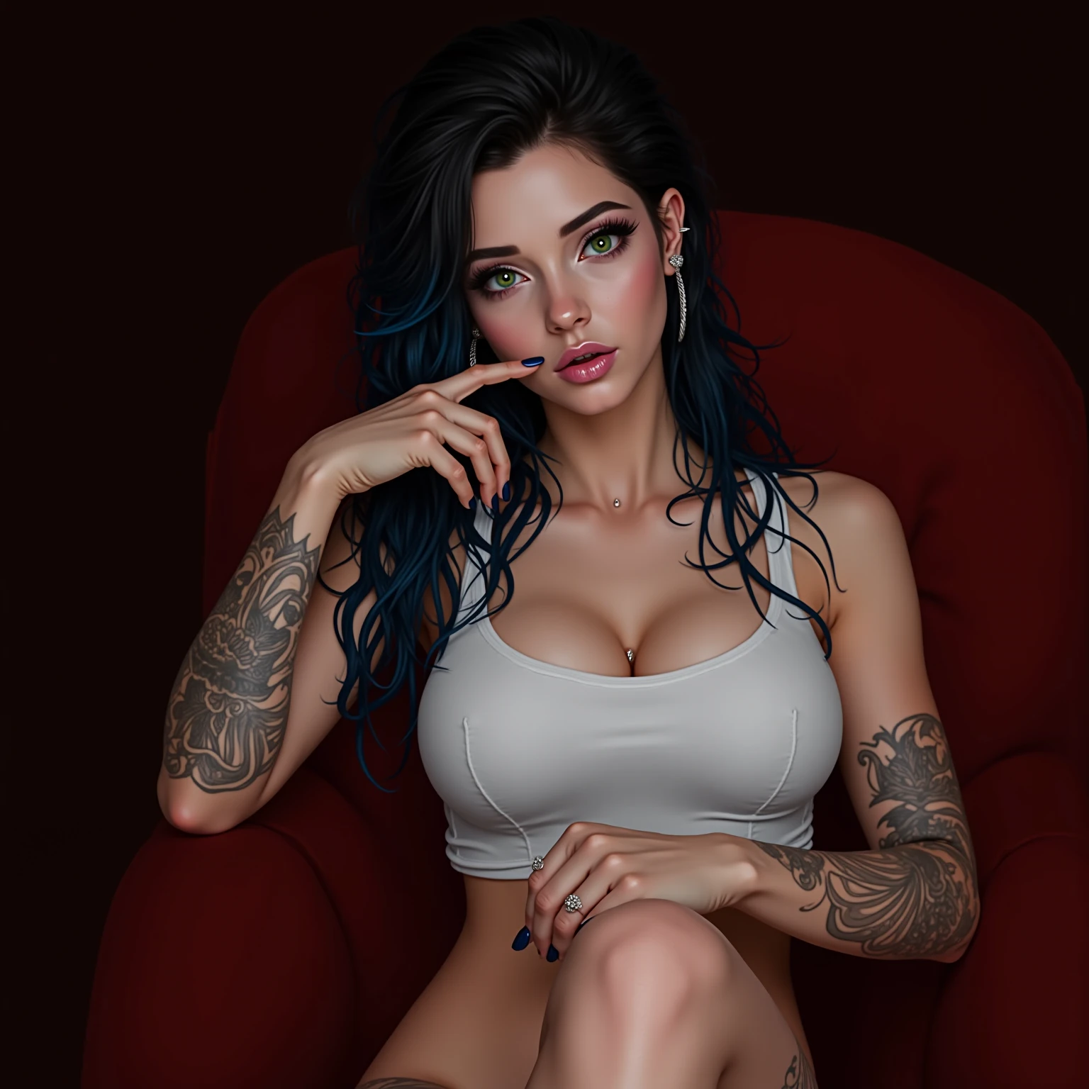 Saha Moore, a thin girl with medium but perky breasts , beautiful medium butt, tied to a bed in an erotic position on all fours and looking at the camera, chains on his neck, is inside a BDSM basement full of toys (whip, fustas, dildos, foals, machines toys) sexual, the flag, with his face full of fear and desire for what is going to happen to his master, the flag y con lagrimas en sus ojos. Her dress is partially torn, exposing part of her breasts, they cannot be seen completely., he has a torn shirt