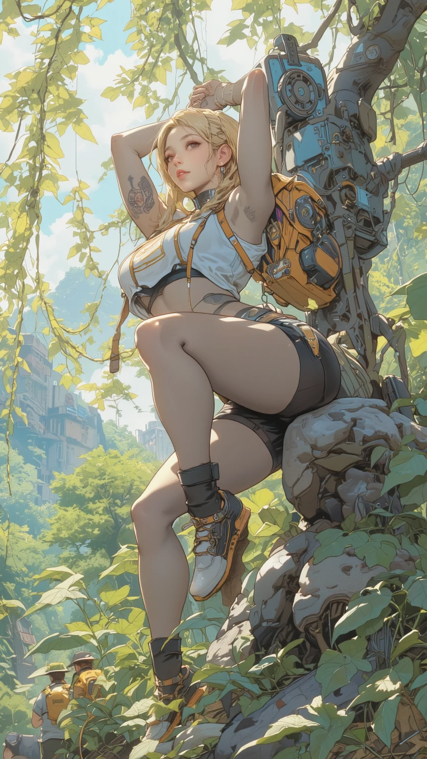 Zara, a gigantic 62-meter Amazon queen, emerges from the dense jungle at dawn, her tanned skin glowing in the light of the rising sun. Her long, braided hair, adorned with exotic flowers, falls over her shoulders and back. Standing in a clearing surrounded by trees, her posture is majestic and seductive, one leg up on a rock, one hand on her hip, the other holding an ornate spear. His eyes, full of determination and desire, gaze at the tiny humans at his feet, fascinated by his imposing figure. Her lips curl into a confident smile, and her muscular, perfectly sculpted body radiates an aura of eroticism and primal power, enveloping all present in a spell of submission and utter admiration.