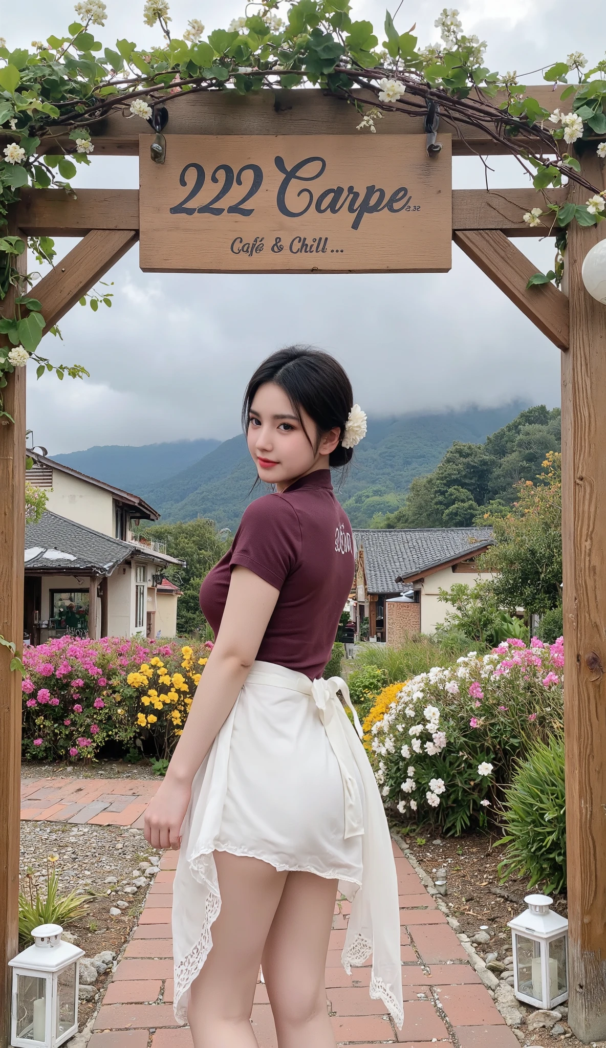 A girl stands under a wooden archway adorned with fresh green vines and small white flowers. A wooden board above reads "22 Carpe" in soft, curvy black handwriting, with "Café & Chill ..." written smaller below, evoking a relaxed vibe. She faces away, head tilted right, showing a bright smile. Her long black hair is in a neat bun, accented by a large white flower, adding a feminine touch. She wears a fitted burgundy short-sleeved T-shirt with "SHE" in small white text on the back, paired with an asymmetrical white chiffon dress with lace trim—short in front, revealing slender legs, and longer in the back for a romantic, flowing effect. The background features misty green hills, low roofs, and lush trees, creating a serene mountainous scene. White lanterns hang around the archway, enhancing the poetic mood. Reddish-brown stone paths are lined with pink, yellow, and white flower bushes, blending natural and cozy elements, perfect for a relaxing cafe. Soft, natural morning or late afternoon light highlights the vibrant colors, giving a light, elegant, and lively feel. Ultra-detailed, hyper-realistic, 8K, cinematic lighting, soft focus, professional photography. 