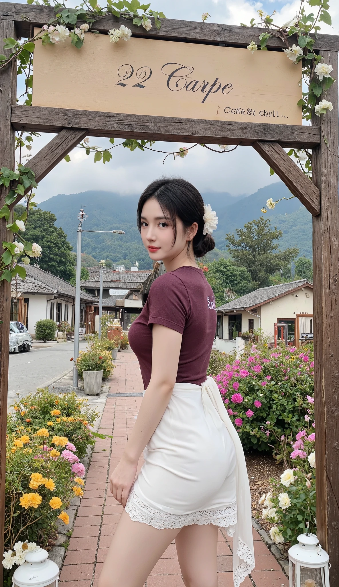 A girl stands under a wooden archway adorned with fresh green vines and small white flowers. A wooden board above reads "22 Carpe" in soft, curvy black handwriting, with "Café & Chill ..." written smaller below, evoking a relaxed vibe. She faces away, head tilted right, showing a bright smile. Her long black hair is in a neat bun, accented by a large white flower, adding a feminine touch. She wears a fitted burgundy short-sleeved T-shirt with "SHE" in small white text on the back, paired with an asymmetrical white chiffon dress with lace trim—short in front, revealing slender legs, and longer in the back for a romantic, flowing effect. The background features misty green hills, low roofs, and lush trees, creating a serene mountainous scene. White lanterns hang around the archway, enhancing the poetic mood. Reddish-brown stone paths are lined with pink, yellow, and white flower bushes, blending natural and cozy elements, perfect for a relaxing cafe. Soft, natural morning or late afternoon light highlights the vibrant colors, giving a light, elegant, and lively feel. Ultra-detailed, hyper-realistic, 8K, cinematic lighting, soft focus, professional photography.