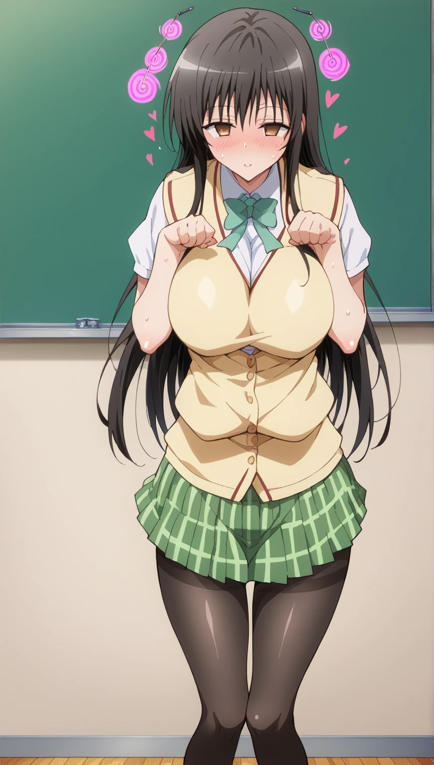 score_9, score_8_up, score_7_up, score_6_up, score_5_up, score_4_up, BREAK, source_anime, anime screencap, anime coloring, a stiff-looking beautiful female teacher, beautiful big black eyes, shaped pupils, sagging breasts, dark large_areolae, hourglass body shape, 36 years old, black hair, skinny, One length bob hair, asymmetry_bangs, forehead, hair behind ear, Wears glasses, slingshot swimsuit, zettai ryouiki thighhighs, unshaven hairy natural public hair, unshaven hairy natural armpit hair, teaching in front of the blackboard, holding a chalk and a textbook, smile, classroom, thigh gap, many students