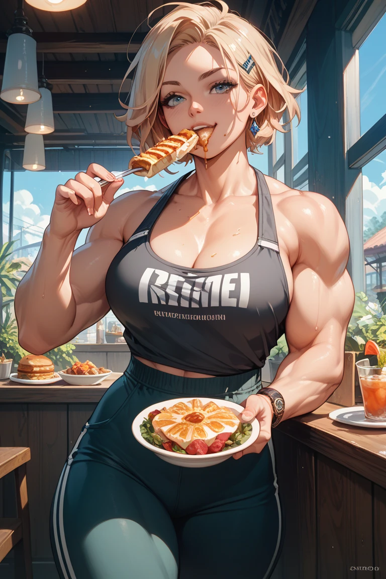, masterpiece,girl,yor briar,biceps,muscular female, alternate muscle size,red sweater,open mouth,broad shoulder,pecs, muscular ,