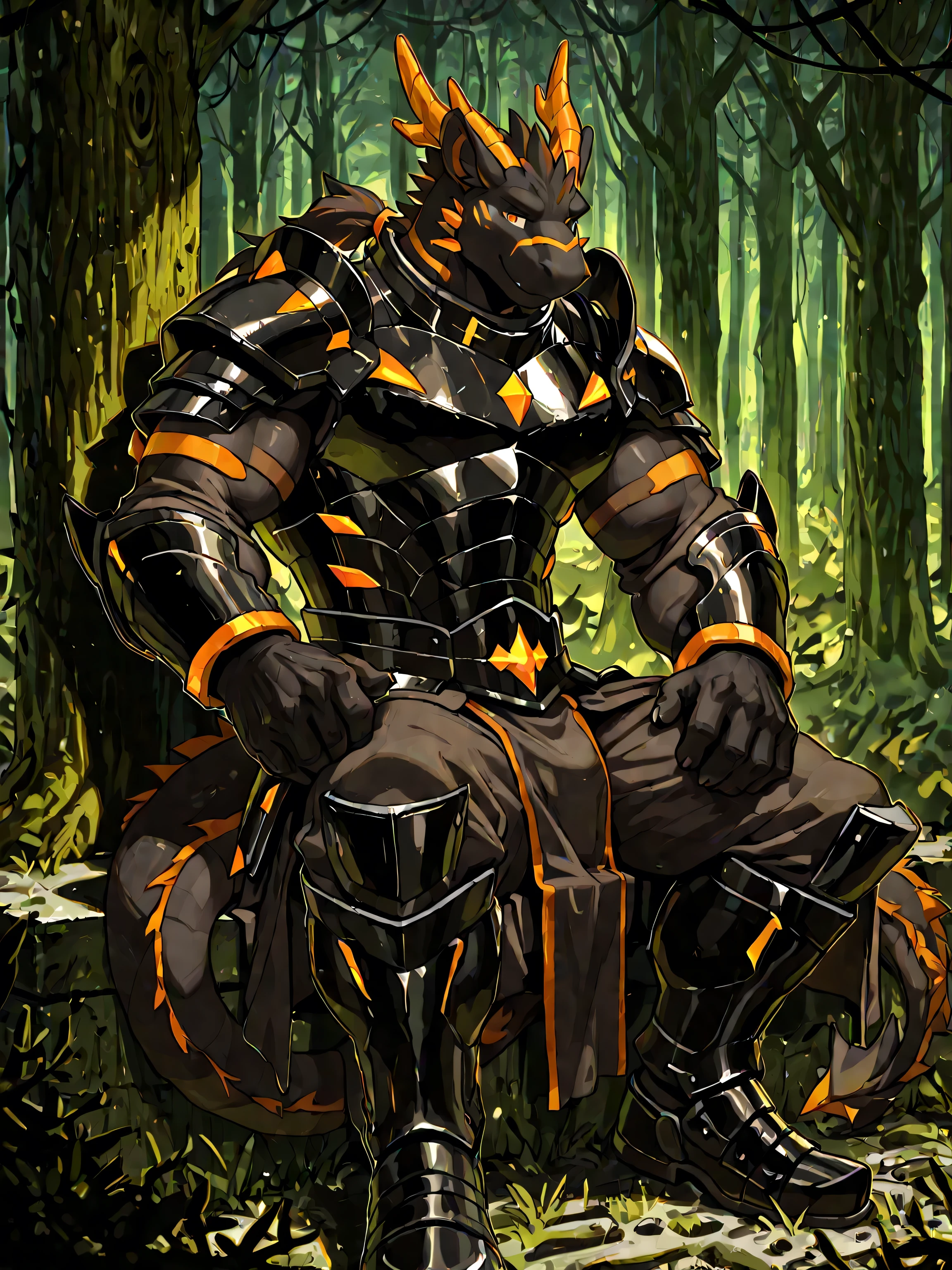 solo, furry,bara,a dragon,masculine,black skin with orange accents, Dark orange eyes,Dressed in a shiny black knight armor..,Sitting against a wall of an abandoned church in the deep forest,playful expression,10,10,Maximum resolution,Maximum surface resolution,