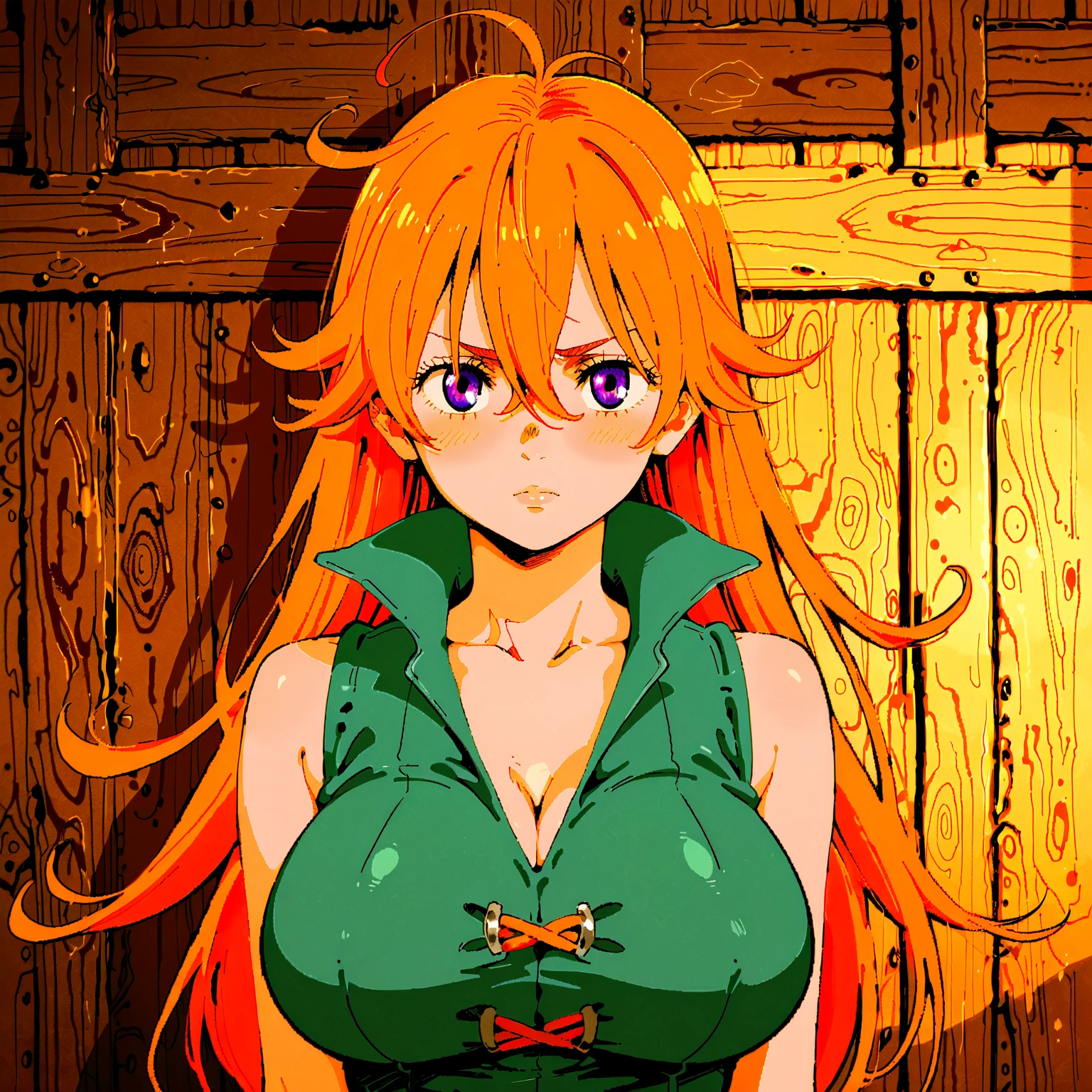 high quality, 8k, beautiful lighting, 1 adult woman, alone, hong_meiling, red hair, green dress, animeの女の子, outdoors, whole body, smile, looking at the viewer, anime, in front of the gate, dynamic angle, Wallpaper-like
