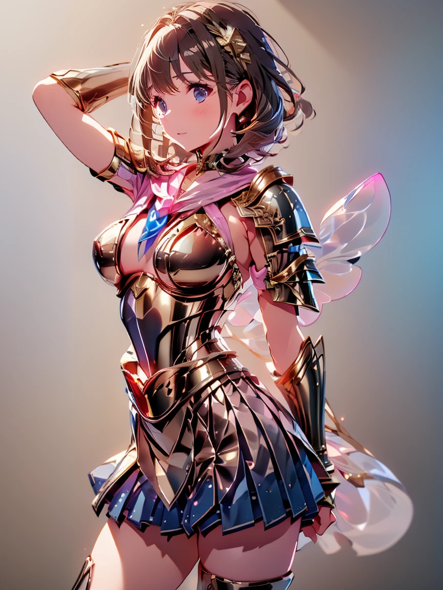 A confident expression,short  skirt,perfect hand,Beautiful face,Thighs,bare shoulders​,breasts contains,gold eyes, one-girl, warrioress, Primitives, brown  hair, short detailed hair, Anime, hyper HD, Masterpiece, Textured skin, High details, high qulity, Best quality, A high resolution