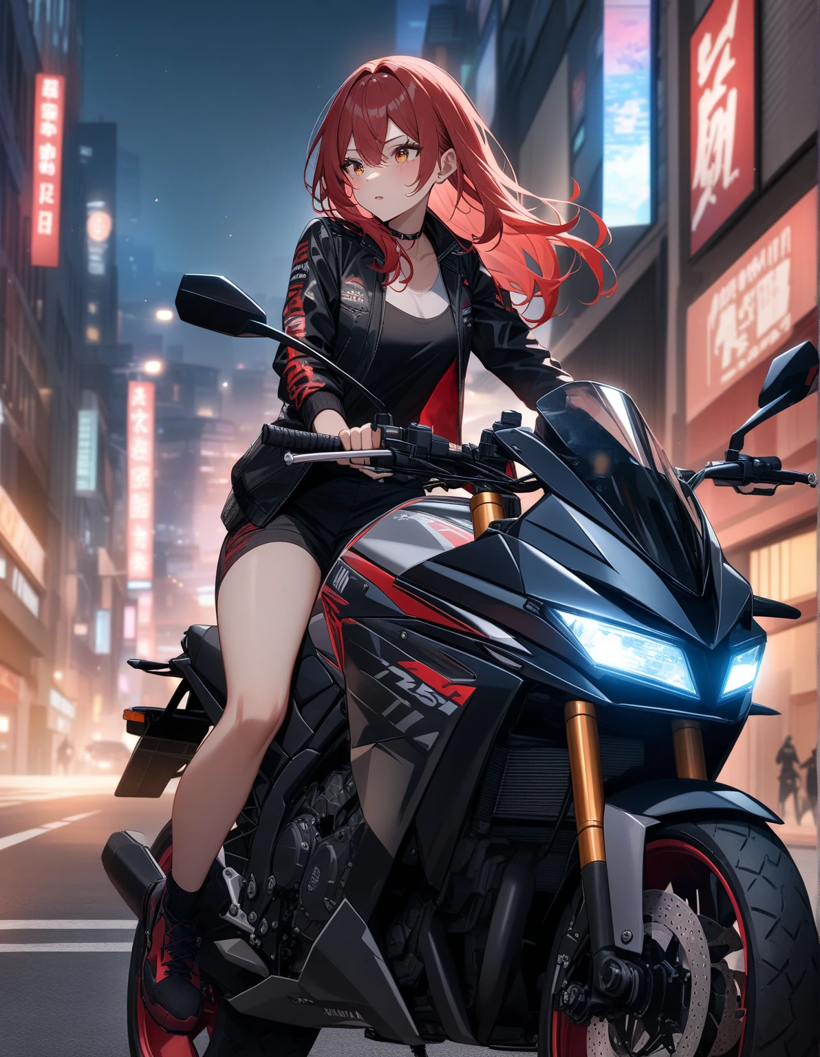 Riding a red and black scooter、(slow motion:1.3)、(motion-blur:1.3)、(SPEEDLINE:1.4)、Sense of speed、mermaid、Red hair、sparks and smoke from tires、Invincible smile
