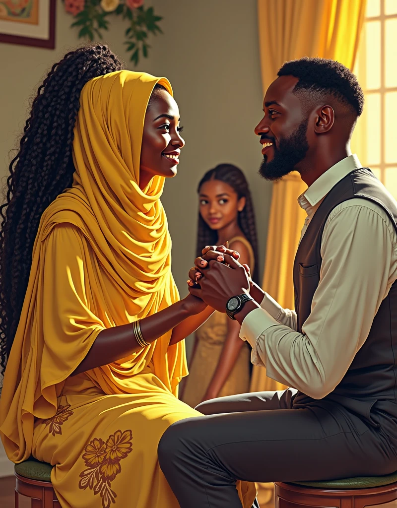 Kurdish girl Fatıma Kareem in hijab talking with a black man in luxury house view from side