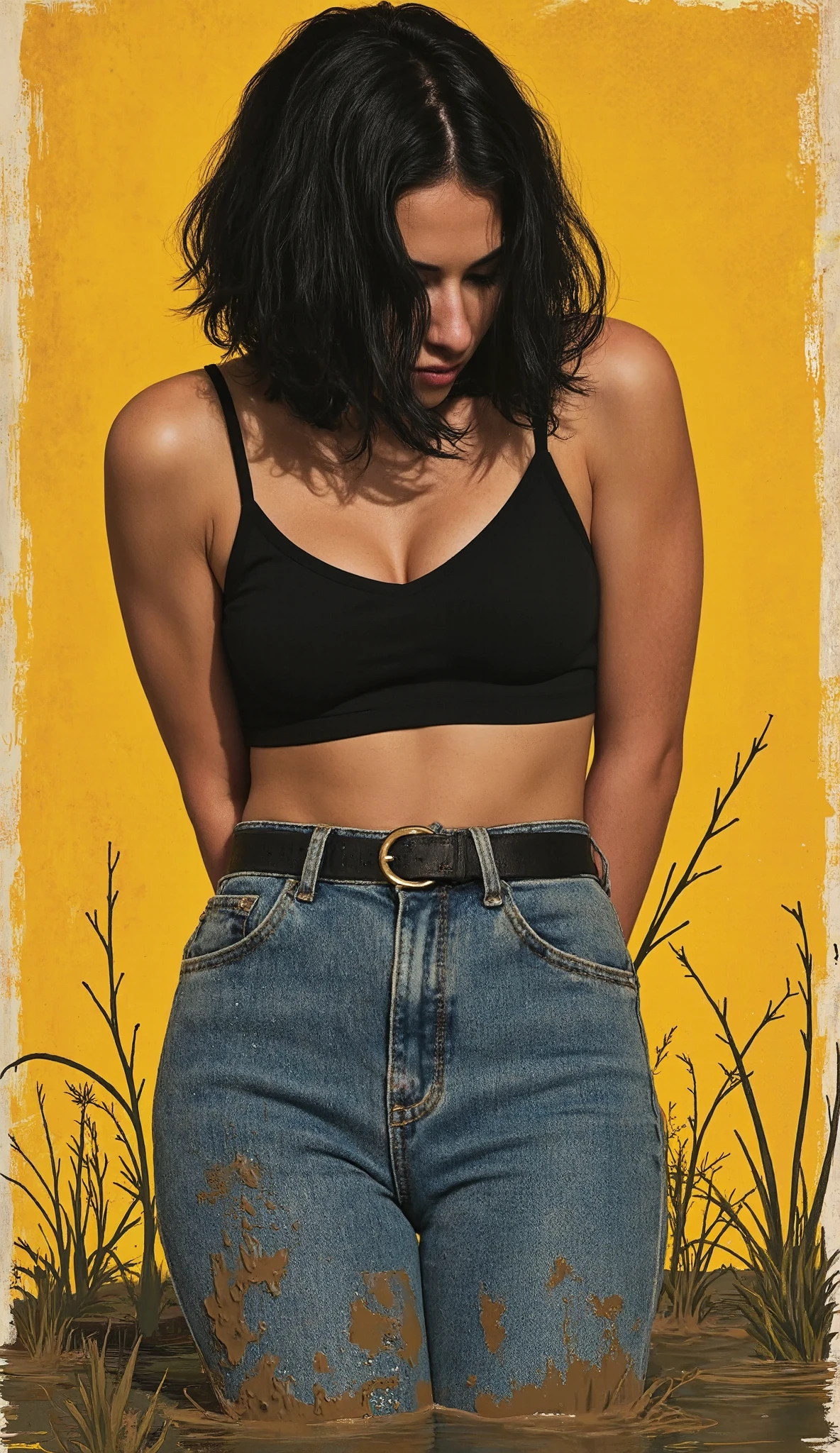 Masterpiece, best quality, минимализм card wording "drowning style", Art , jeans, crop-top, passionate vulnerable diva , stuck in a mudswamp, hands behind your back, sexual tension, line graphics aesthetics , bob square,panic , minimalistic, flowing black hair, pop culture, graphic design