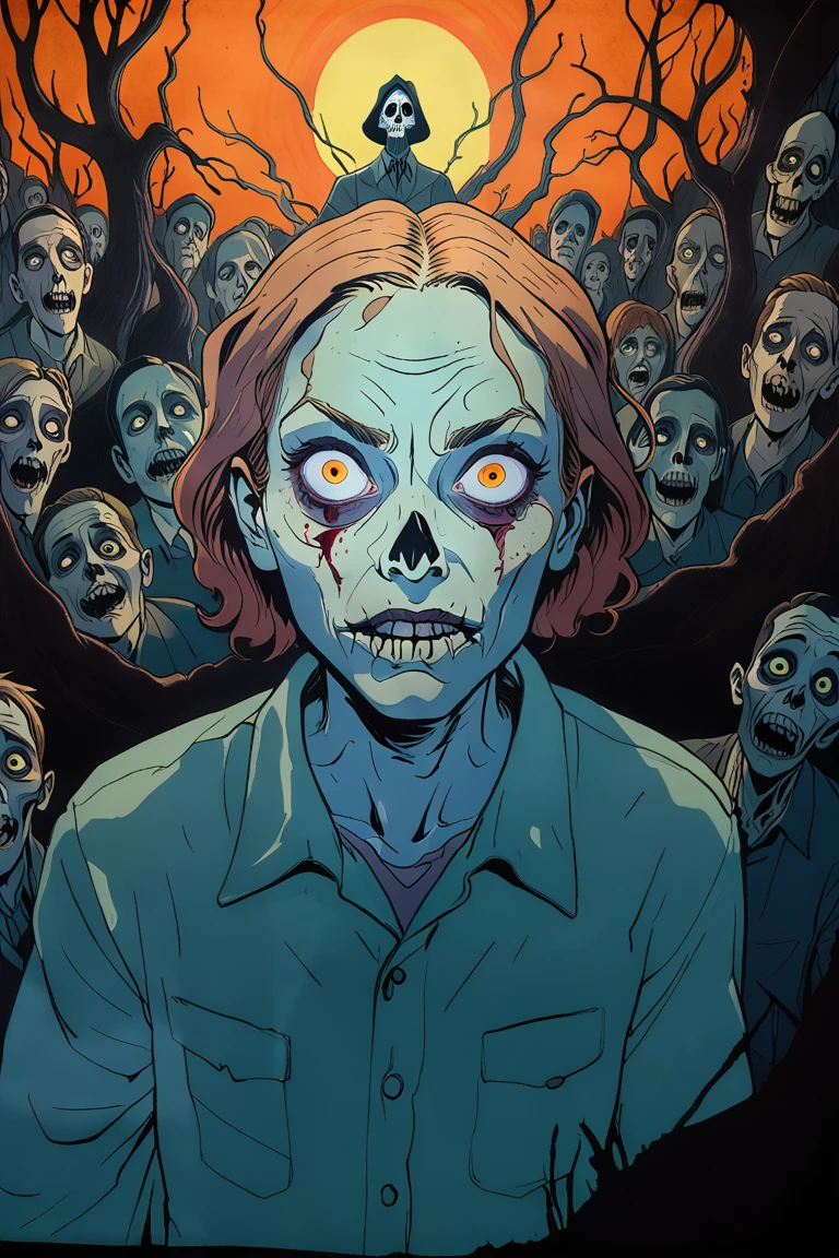 <lora:Everly Heights Comics:1> A 1990s high school attractive teacher with a perm hanging on a chain, wearing a patterned sweater vest over a collared shirt, shouting for her zombie students below to save her.