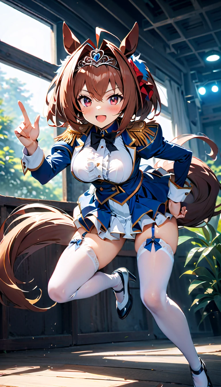 masterpiece, highest quality, High resolution, 1 girl, brown hair, long hair, bangs, brown eyes, medium breasts, white shirt, black skirt, plaid skirt, smile, amusement park,expose the vagina,Without cover, No underwear, No underwear,