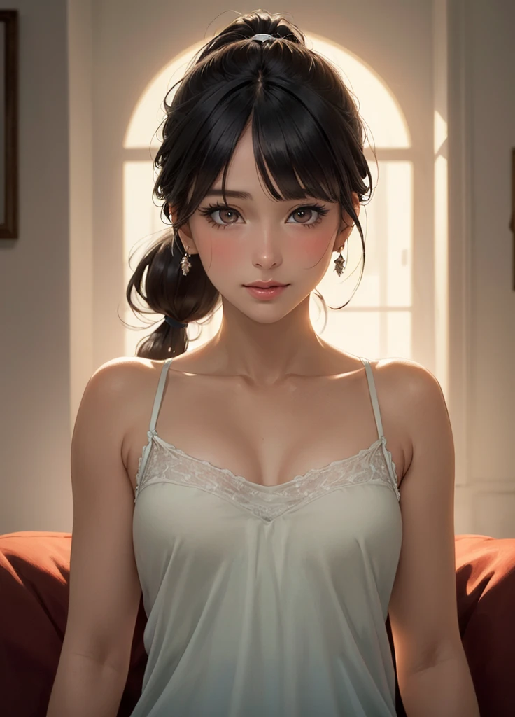 Beautiful woman, elegant woman, sexy woman, beautiful woman, short woman, black long curly hair, square face, lots of freckles, perfect lips parted, blushing intensely, flustered, lustful, elegant dress, off shoulder dress, bare shoulders, glow up, empty class room, lying on desk
