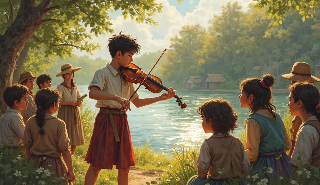 Style-Petal, Illustration, landscape, (one shepherd boy sitting playing a flute in a forest clearing, surrounded by flowers), natural light, outdoor, pastel, by studio ghibli