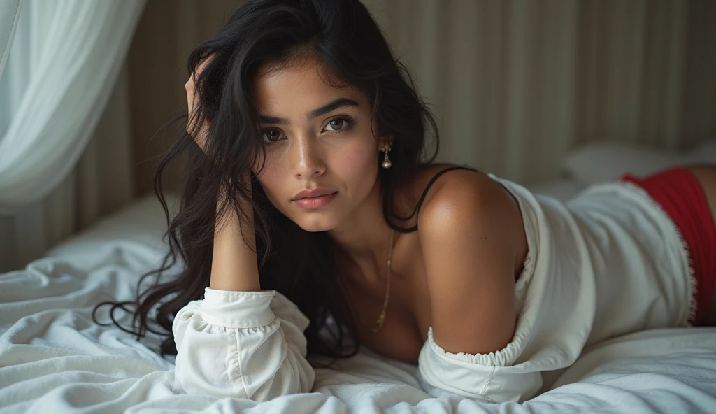 Close-up of a woman with long black hair and white top, Beautiful Azerbaijani girl with smile little, Beautiful Azerbaijani girl? ultra realistic? photo of a beautiful Azerbaijani girl, sexy girl , black color eyes, beautiful model girl , sexy model girl with long hairs, breathtaking beauty, lying in bed with bikini