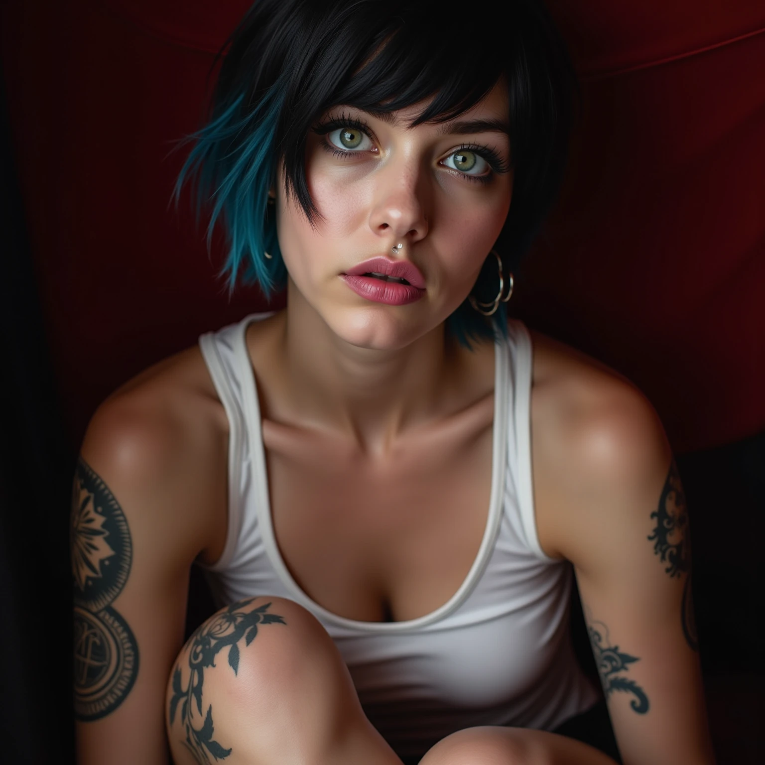 Beautiful picture of fade_valorant, shoulders tattoo, scar on nose, in her living room, black t-shirt, short trousers,