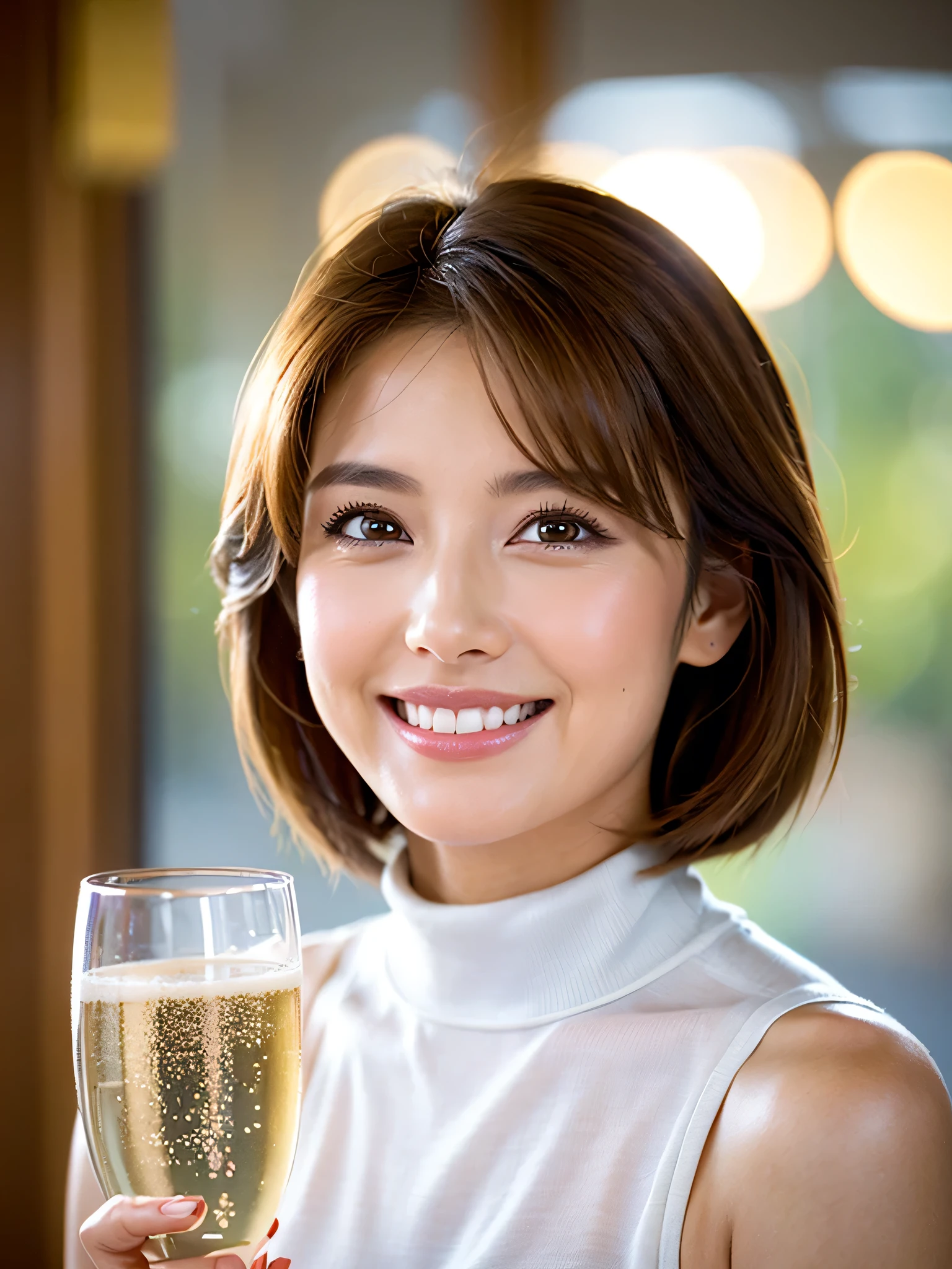((beste Quality、8k、master masterpiece:1.3))、Holding a glass of white wine in his right hand、Sorrisos、upper bust、upper bust、Slim Faces、chubby face、a pretty woman、(darkbrown hair)、The dress:1.1、hyper detailed face、detailled eyes、double eyelidwork、blurred background、wine glass、white wine、Japanes lady、38歳、41歳、short haired、upper body