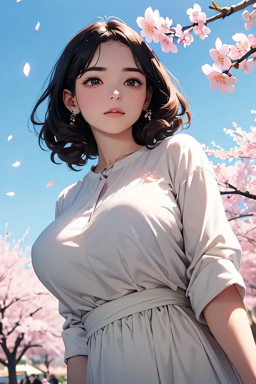 A woman in a white dress standing under a tree with pink flowers ...