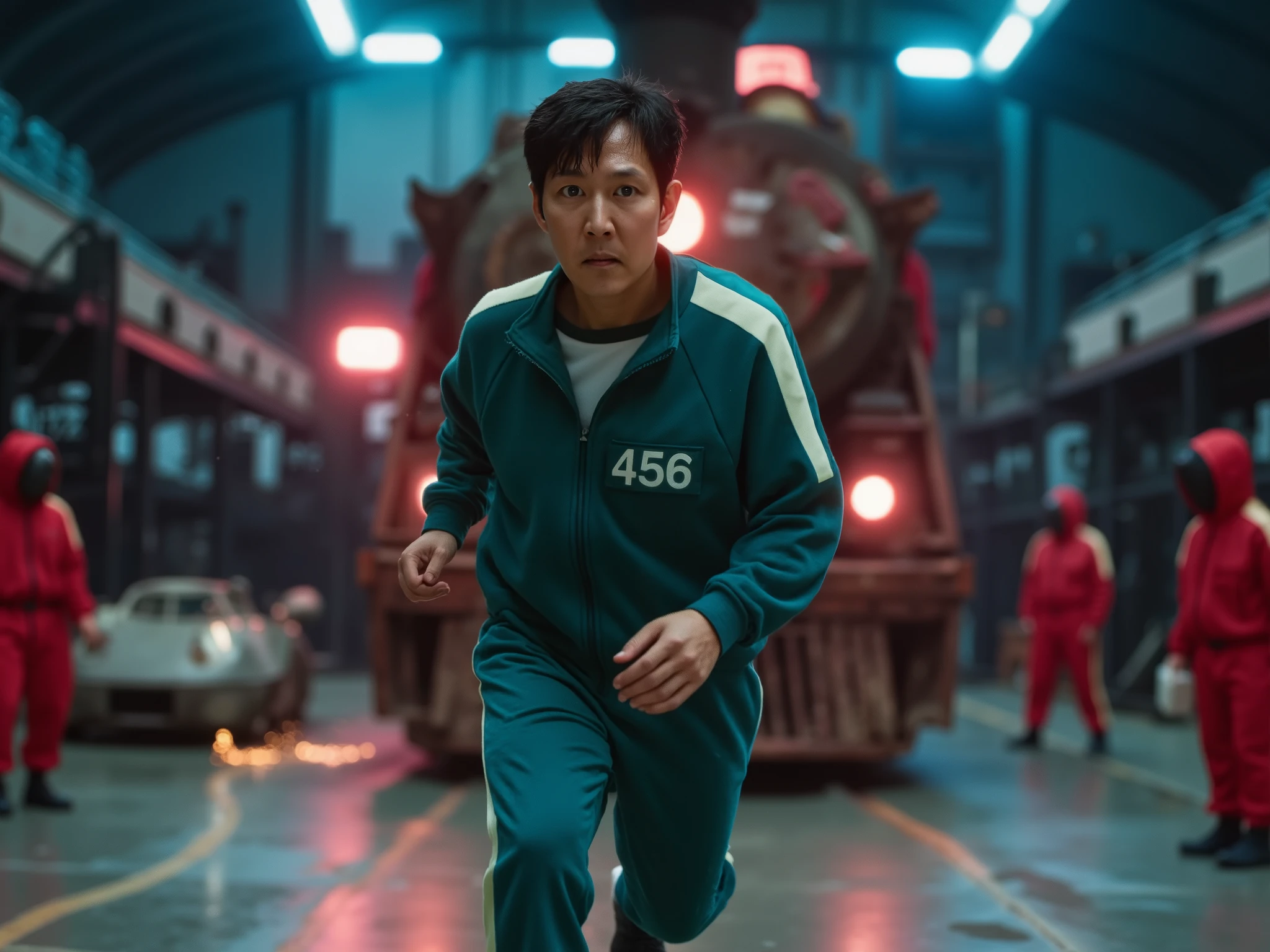 "Seong Gi-hun (Player 456) is sprinting for his life, terror in his eyes, sweat and dirt on his face, wearing a worn-out green tracksuit (Badge: 456). Behind him, a rusted, blood-stained train barrels toward him at full speed, its red headlights glowing ominously, sparks flying from its wheels. The massive Red Light Green Light Young-hee doll stands eerily still in the background, her glowing red eyes locked onto Gi-hun, her towering figure casting an intimidating shadow.
The dark, dystopian arena is filled with industrial fog, cracked metal walls, and flickering neon signs. Masked Squid Game guards in crimson uniforms watch in silence. The lighting is cinematic and moody, with deep shadows and a neon blue-red contrast. The composition captures high-intensity motion, hyper-realistic textures, and a chilling sense of impending doom.
