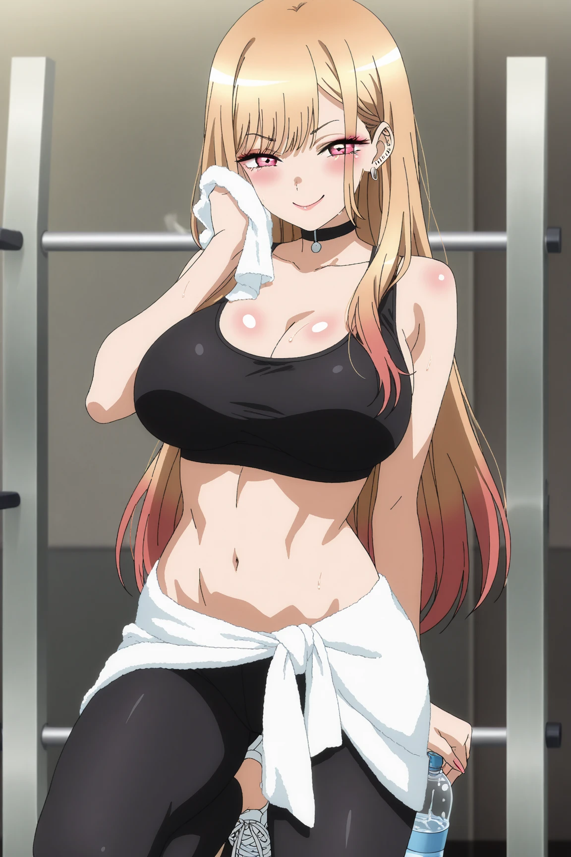 very bright and clear color ,Marin Kitagawa cat ears- My Dress-Up Darling A cute anime girl with big breasts , black tank top, looking straight at camera , natural sagging breast ,cute cat pose anime girl young, girl, , ((white crop top)), ((pink small shorts ,pink gym shorts)), cleavage, realistic, sexy long legs, perfect pussy, perfect body, squeezing tits hard