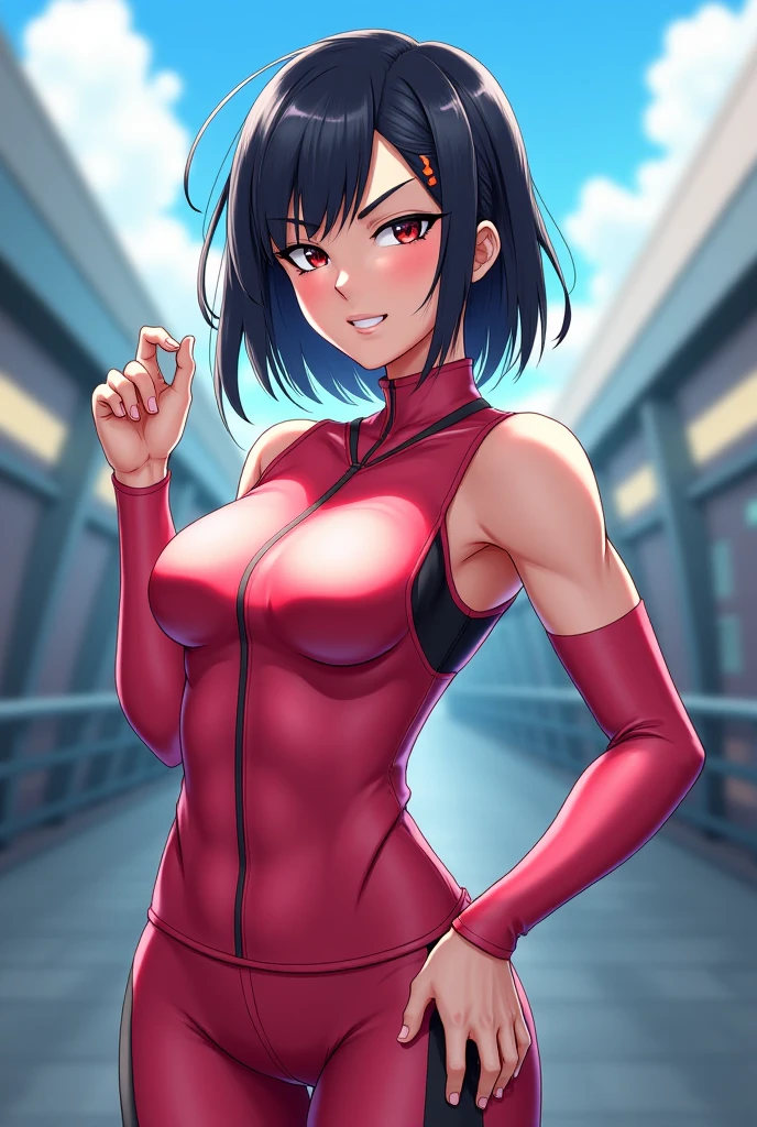 2girl,(((((Latex suit))))),smile,The whole body is covered in latex,One-handed salute,blue hair