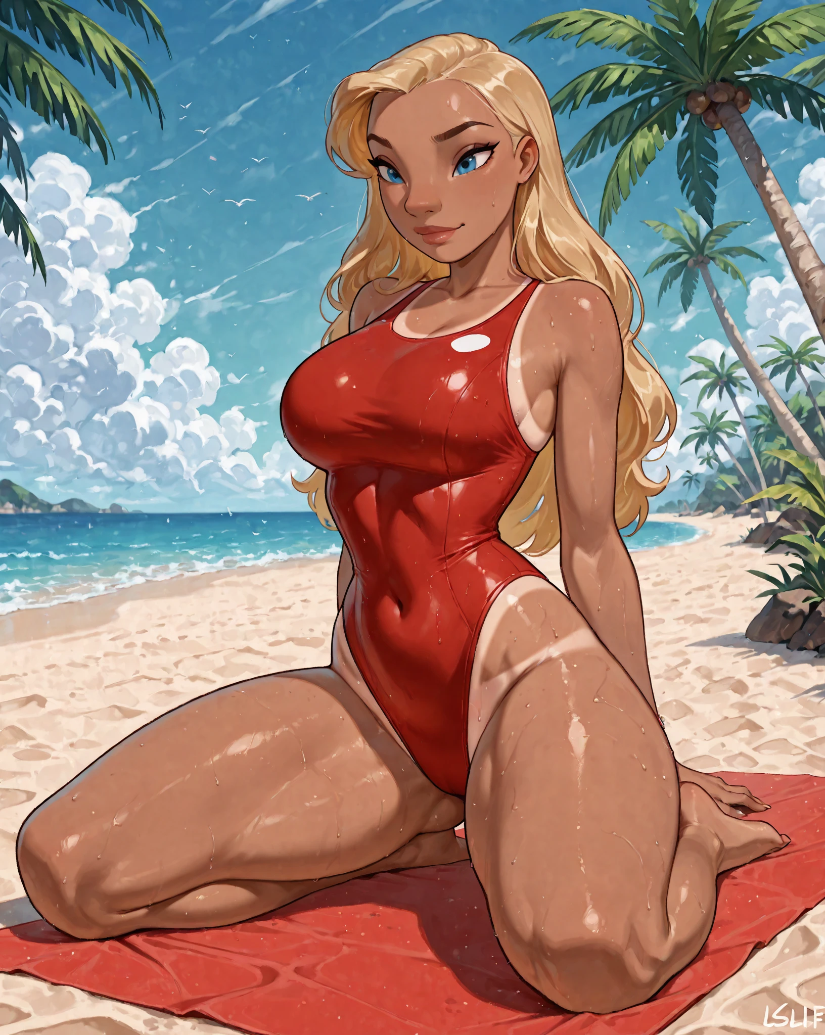 1girl, beach, blonde hair, blue eyes, blue sky, breasts, cloud, cloudy sky, cowboy shot, day, horizon, long hair, looking at viewer, medium breasts, navel, nipples, ocean, outdoors, pool, pussy, realistic, sky, solo, standing, uncensored, water, watercolor pencil, chrissandersartstyle, torn red leotard, tan skin, tan lines, Hawaiian