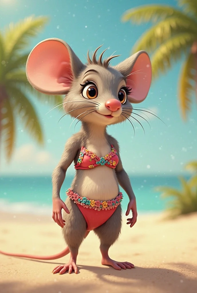 White rat in a humanized body with bikini at the beach posing for an album cover