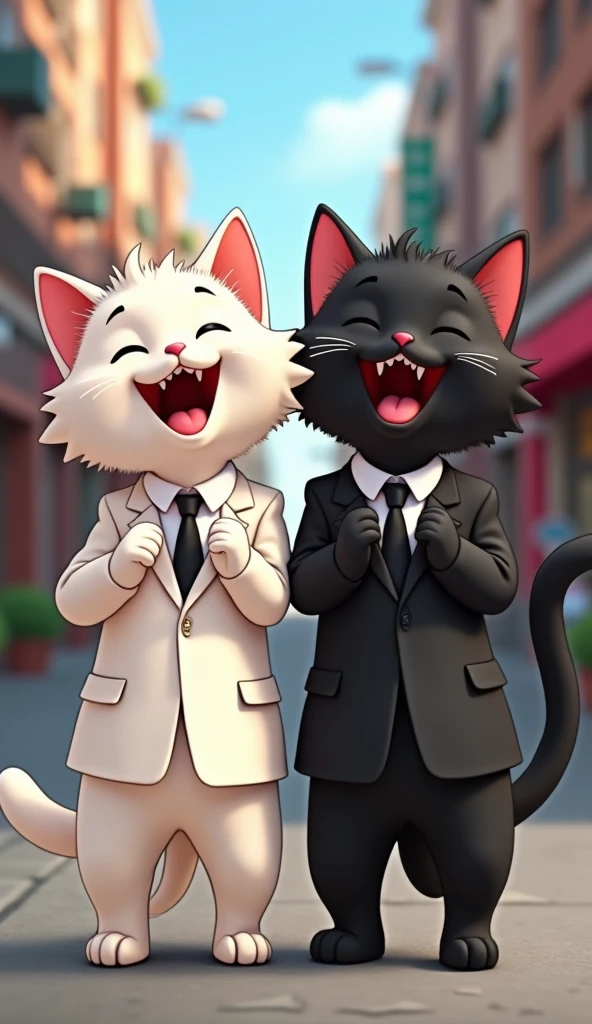 A muscular white cat dressed in black jacket and black shirt and black pant putting arm on shoulder of  cat dressed in black suit and gray tie  enter company with laughingly