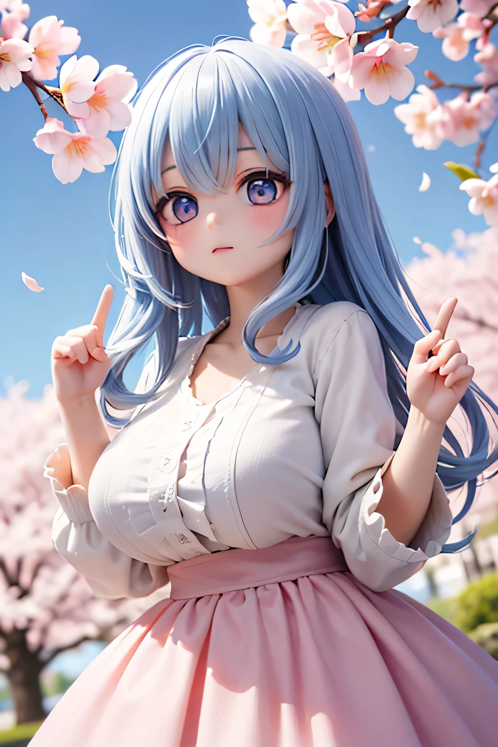 best quality、high resolution、(high image quality:1.3)、masterpiece、detailed background、(Highly Detailed Face:1.2)、(detailed eyes:1.3)、age beauty、(huge breasts:1.3)、(Normal number of fingers:1.3)、anatomically correct、perfect body line、The freshness and fluffy atmosphere of spring、A natural atmosphere where you feel the warmth of spring、 Calm and gentle expression 、The warm spring sun shines in the early afternoon、

(A person looking up from below and cherry blossoms in full bloom、Reflecting a clear blue sky:1.5)、(Fluttering petals adorn the screen:1.5)、

Softly stroking the cheeks under a cherry tree in full bloom、When you look up gently, pale pink cherry blossoms spread softly on a canvas with a clear blue sky、The falling petals slowly drift through the sky and the soft light illuminates the cheeks、A moment that blends into the calm and gentle air while being wrapped in the scent of spring、
A pale pastel dress or fluffy blouse and skirt、The hair curls loosely Put it together Give a soft impression、cute