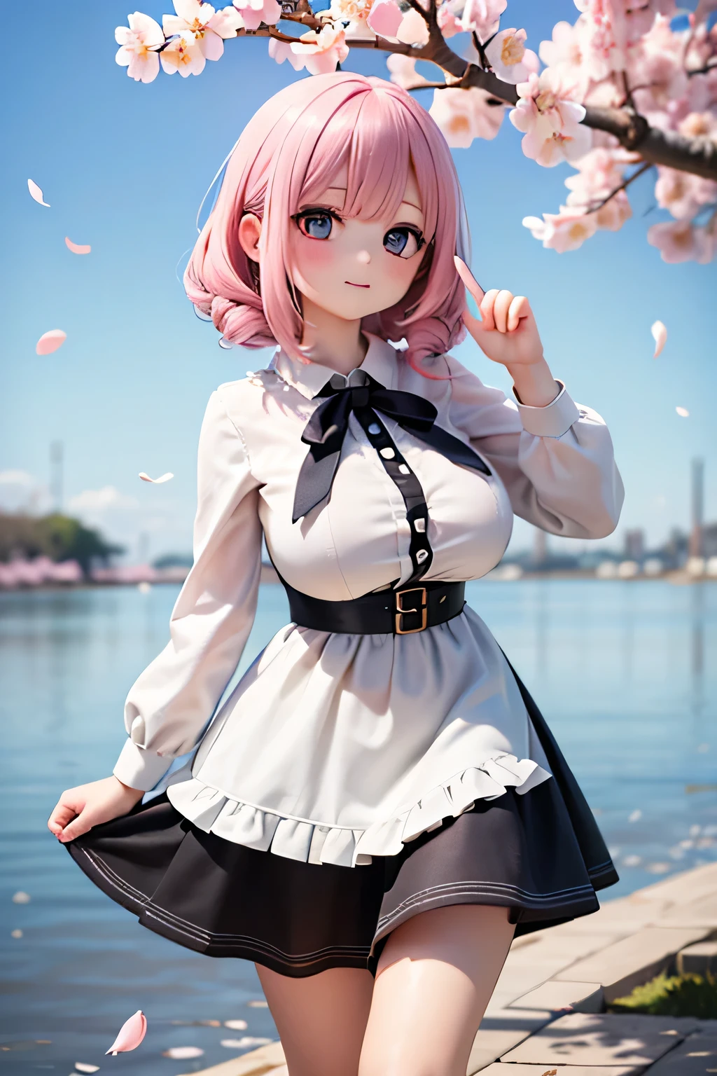 best quality、high resolution、(high image quality:1.3)、masterpiece、detailed background、(Highly Detailed Face:1.2)、(detailed eyes:1.3)、age beauty、(huge breasts:1.3)、(Normal number of fingers:1.3)、anatomically correct、perfect body line、The freshness and fluffy atmosphere of spring、A natural atmosphere where you feel the warmth of spring、 Calm and gentle expression 、The warm spring sun shines in the early afternoon、

(A person looking up from below and cherry blossoms in full bloom、Reflecting a clear blue sky:1.5)、(Fluttering petals adorn the screen:1.5)、

Softly stroking the cheeks under a cherry tree in full bloom、When you look up gently, pale pink cherry blossoms spread softly on a canvas with a clear blue sky、The falling petals slowly drift through the sky and the soft light illuminates the cheeks、A moment that blends into the calm and gentle air while being wrapped in the scent of spring、
A pale pastel dress or fluffy blouse and skirt、The hair curls loosely Put it together Give a soft impression、cute