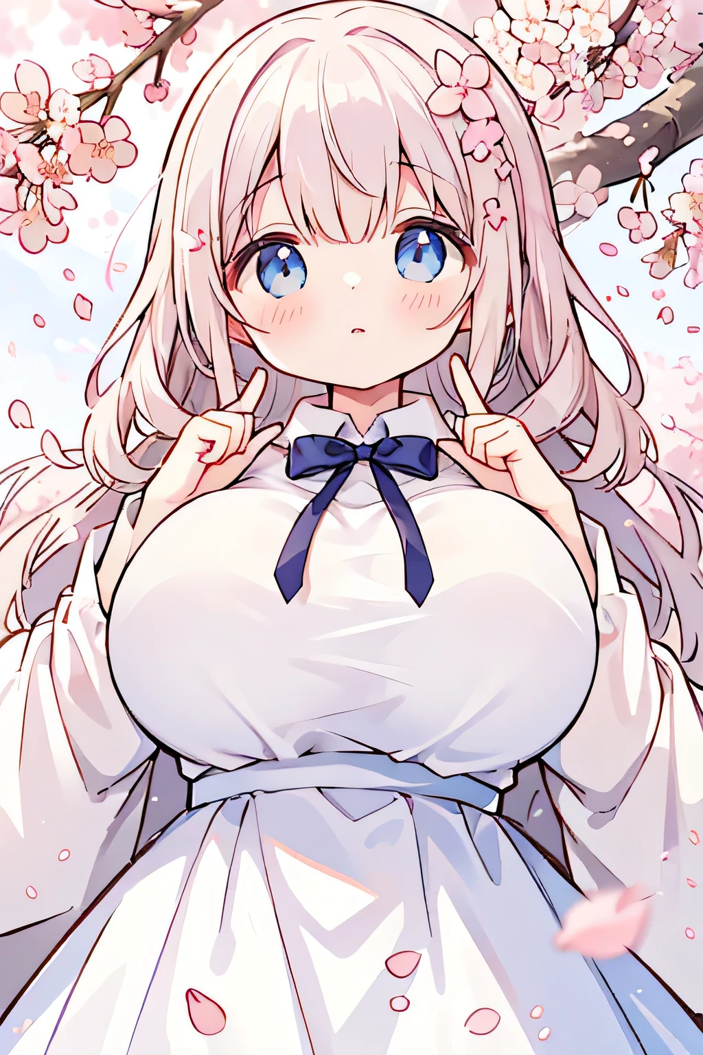 best quality、high resolution、(high image quality:1.3)、masterpiece、detailed background、(Highly Detailed Face:1.2)、(detailed eyes:1.3)、age beauty、(huge breasts:1.3)、(Normal number of fingers:1.3)、anatomically correct、perfect body line、The freshness and fluffy atmosphere of spring、A natural atmosphere where you feel the warmth of spring、 Calm and gentle expression 、The warm spring sun shines in the early afternoon、
(A person looking up from below and cherry blossoms in full bloom、Reflecting a clear blue sky:1.5)、(Fluttering petals adorn the screen:1.5)、
Softly stroking the cheeks under a cherry tree in full bloom、When you look up gently, pale pink cherry blossoms spread softly on a canvas with a clear blue sky、The falling petals slowly drift through the sky and the soft light illuminates the cheeks、A moment that blends into the calm and gentle air while being wrapped in the scent of spring、
A pale pastel dress or fluffy blouse and skirt、The hair curls loosely Put it together Give a soft impression、cute