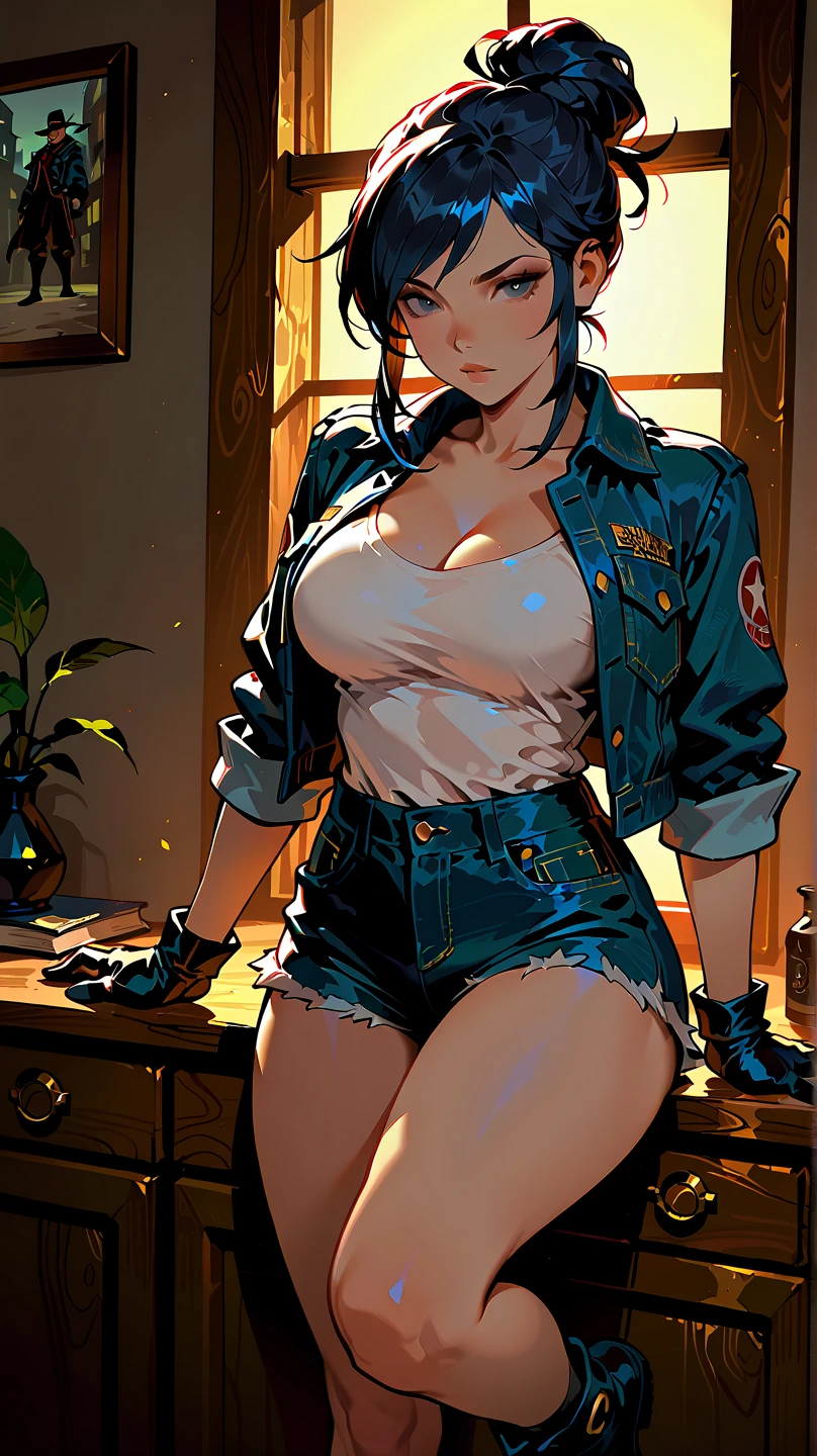 Un primer plano de una mujer with tattoos en los brazos y el pecho., with tattoos, tattooed, wearing dirty overalls, covered, beautiful and detailed body and face, thick, bust shot with chest up, handsome man wearing tank suit, wearing blue denim overalls, Wearing overalls, big breasted, delicate face, large eyes, skin texture, artgerm artistic style