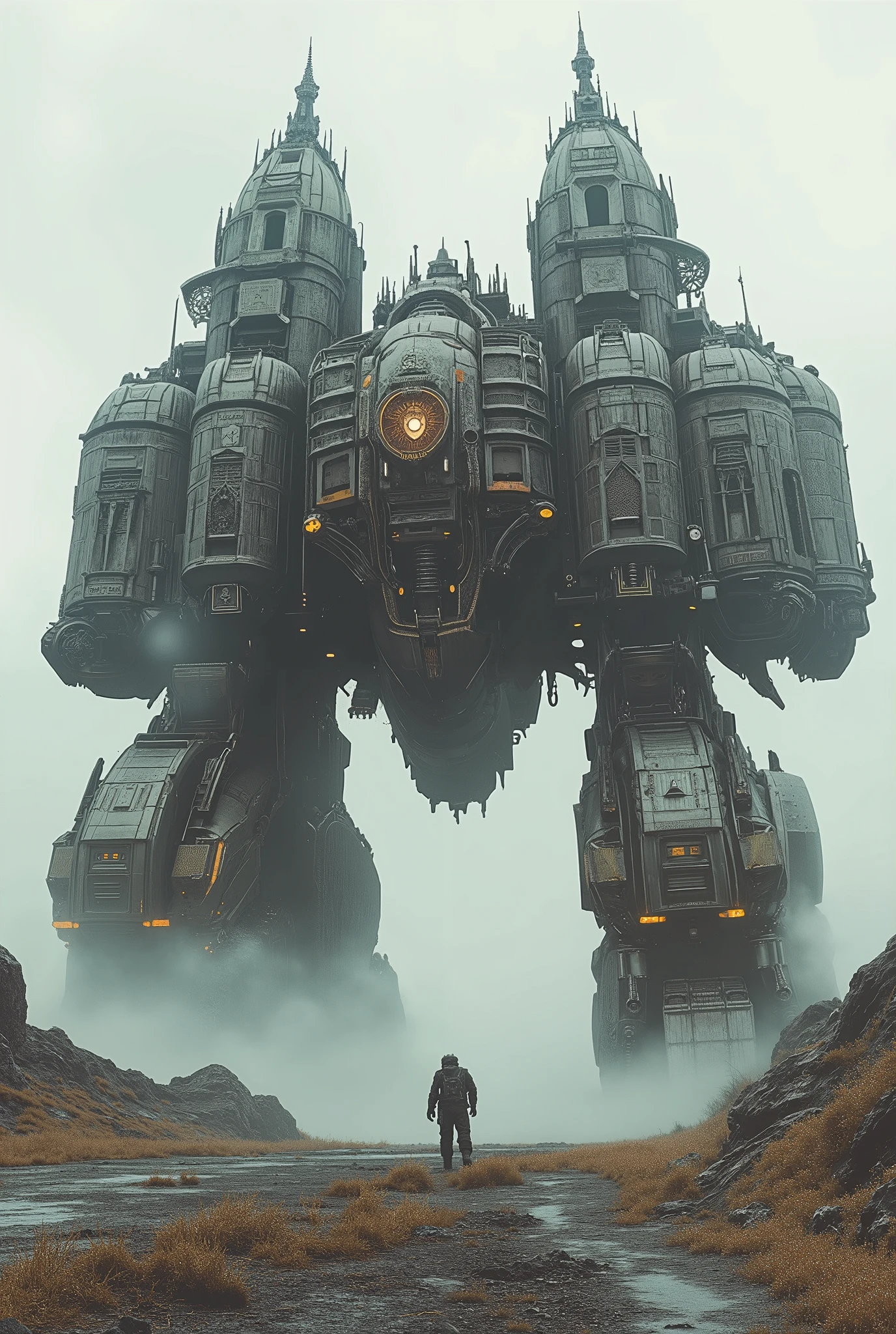 (Masterpiece, ultra-realistic, 32k, best quality, hyper-detailed, cinematic lighting, reversal film photography, film grain, intricate textures, photorealistic, dramatic composition, immersive depth, trending on ArtStation.) A colossal walking fortress, gothic-mechanical engineering and Byzantine cathedral architecture, joined-led, armed with guns and turrets, dooms and towers. strides across a post-apocalyptic wasteland
