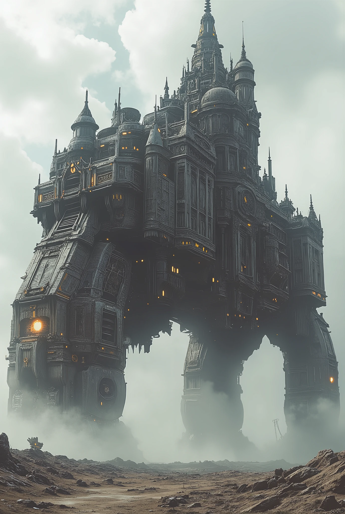 (Masterpiece, ultra-realistic, 32k, best quality, hyper-detailed, cinematic lighting, reversal film photography, film grain, intricate textures, photorealistic, dramatic composition, immersive depth, trending on ArtStation.) A colossal walking fortress, gothic-mechanical engineering and Byzantine cathedral architecture, joined-led, armed with guns and turrets, dooms and towers. strides across a post-apocalyptic wasteland