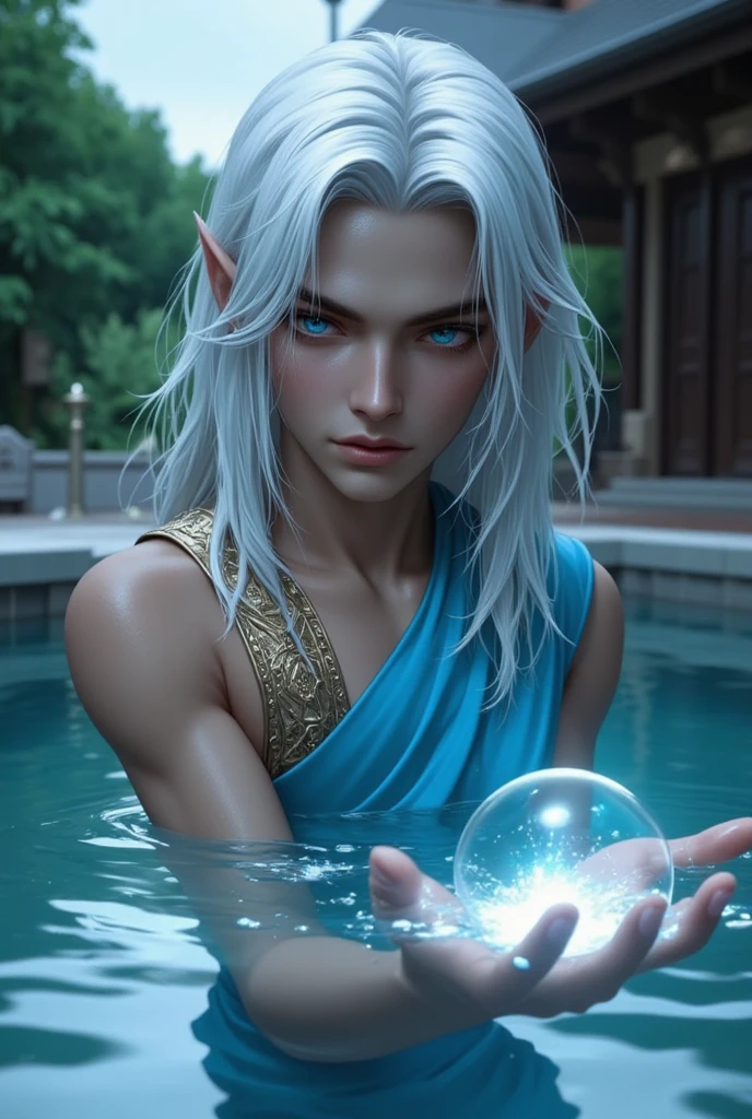An elven goddess sits on her throne in her male harem, her figure slender yet powerful, Her facial features are sharp and elegant, with a strong jawline and high cheekbones. Her piercing deep blue eyes are intense and almost hypnotic, staring at the viewer. Her long, flowing black hair has an eerie sheen. Her skin is an eerie, pale shade with a cold, bluish undertone, giving her an ethereal, ghostly appearance. She is completely nude, except for headdress, made from jagged spikes of blue crystal. A naked young boy is suckling at her right breast. A naked  boy stands beside her, holding a cup of water, and her hand is covering his penis. The goddess's expression is serene and maternal, while the boys look up at her with adoration and longing. The atmosphere is one of eerie calmness and subtle sensuality, cinematic lighting, explicit, detailed, ultra detailed, 4k, made in unreal engine