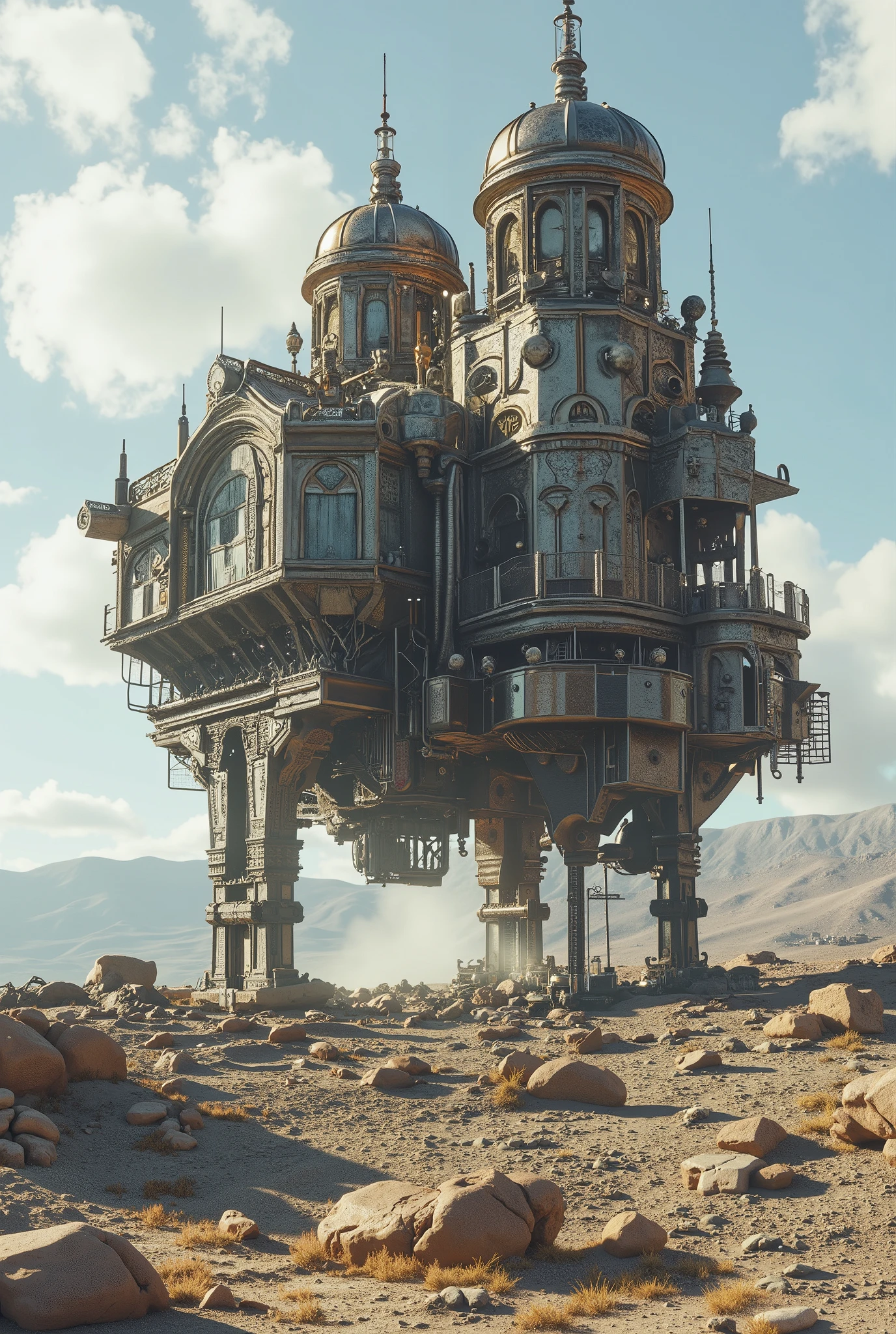 (Masterpiece, ultra-realistic, 32k, best quality, hyper-detailed, cinematic lighting, reversal film photography, film grain, intricate textures, photorealistic, dramatic composition, immersive depth, trending on ArtStation.) A colossal walking fortress, gothic-mechanical engineering and Byzantine cathedral architecture, joined-led, armed with guns and turrets, dooms and towers. strides across a post-apocalyptic wasteland