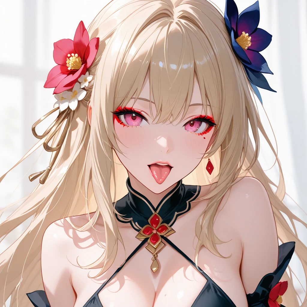Blonde hair, long hair, pink eyes, large breasts, pink dress, face, sweet smile, submissive, 8k, detailed, HD, detailed eyes, face closeup, face, jewelery, pretty, sweet smile