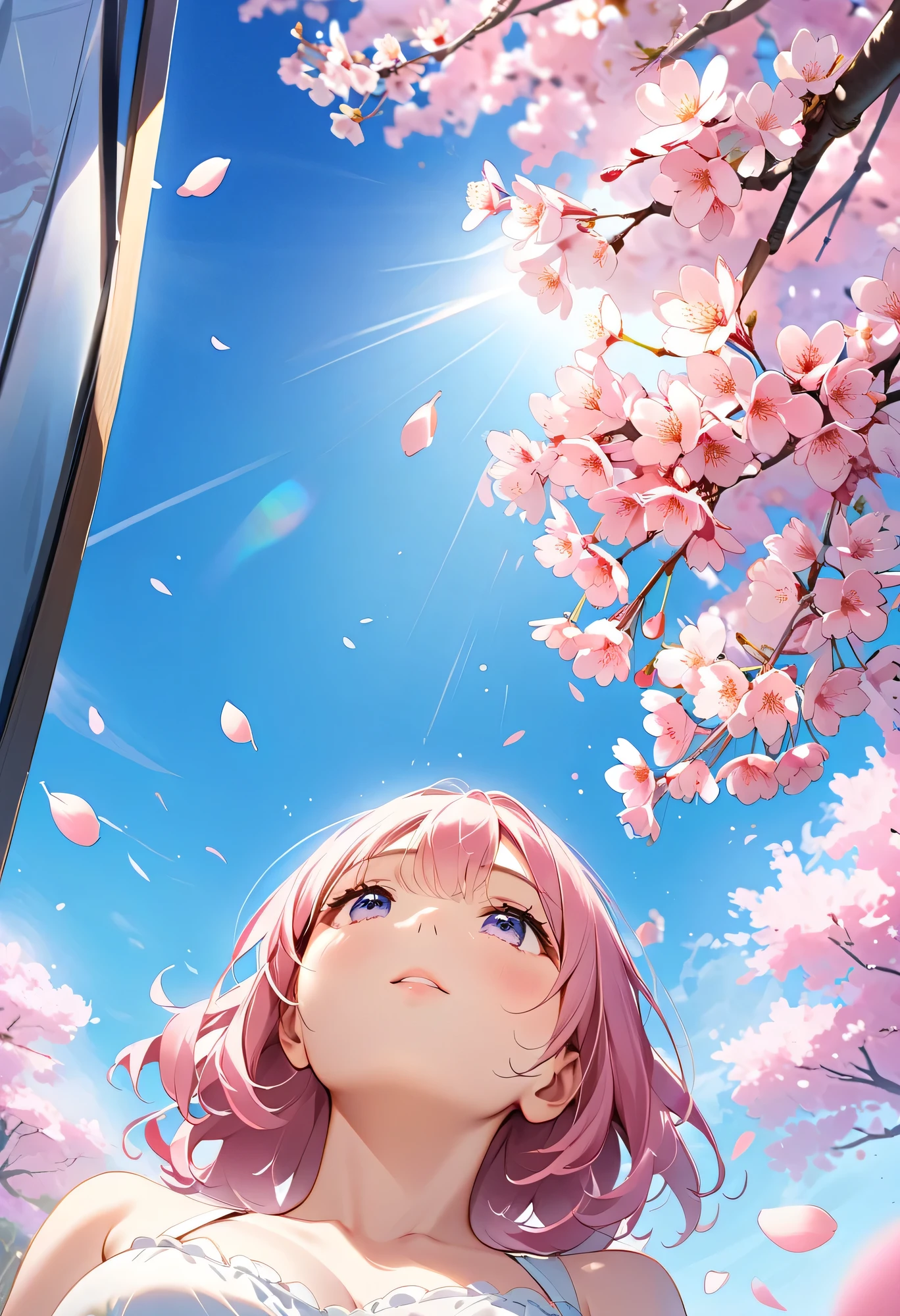 Anime girl with pink hair and blue eyes looking up at the sky - SeaArt AI
