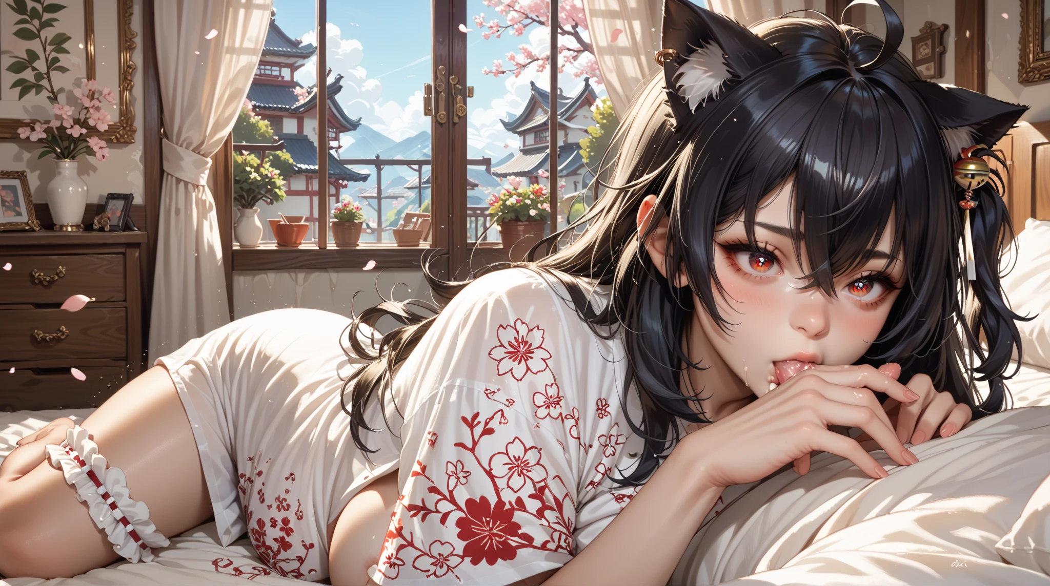 ((Best Quality, 8k, Masterpiece: 1.3)) ,(huge breasts) ,black hair ,red eyes ,happy ,short hair ,messy hair ,cat girl,(nuomeizi) ,kimono