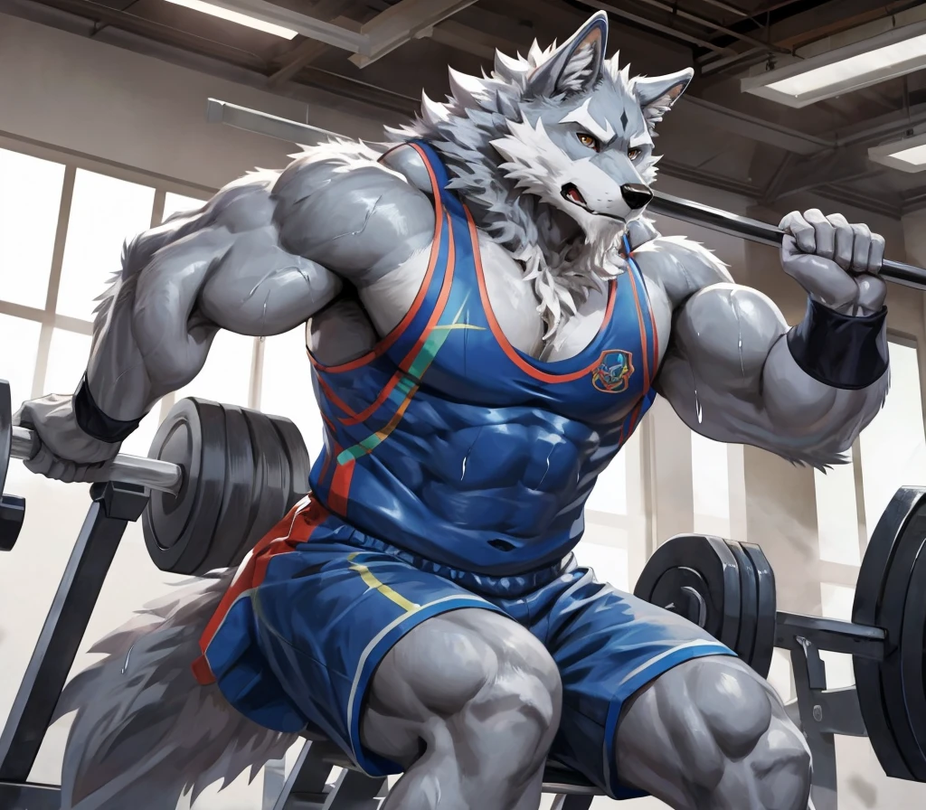 alaskan malamute, masculine, male, trained alaskan malamute, standing, brave, very muscular, pectorals, muscular chest, taran fiddler style, chunie style, virtyalfobo style, detailed eyes, gym background, wearing gym tank tops, proud, serious face, angry eyes