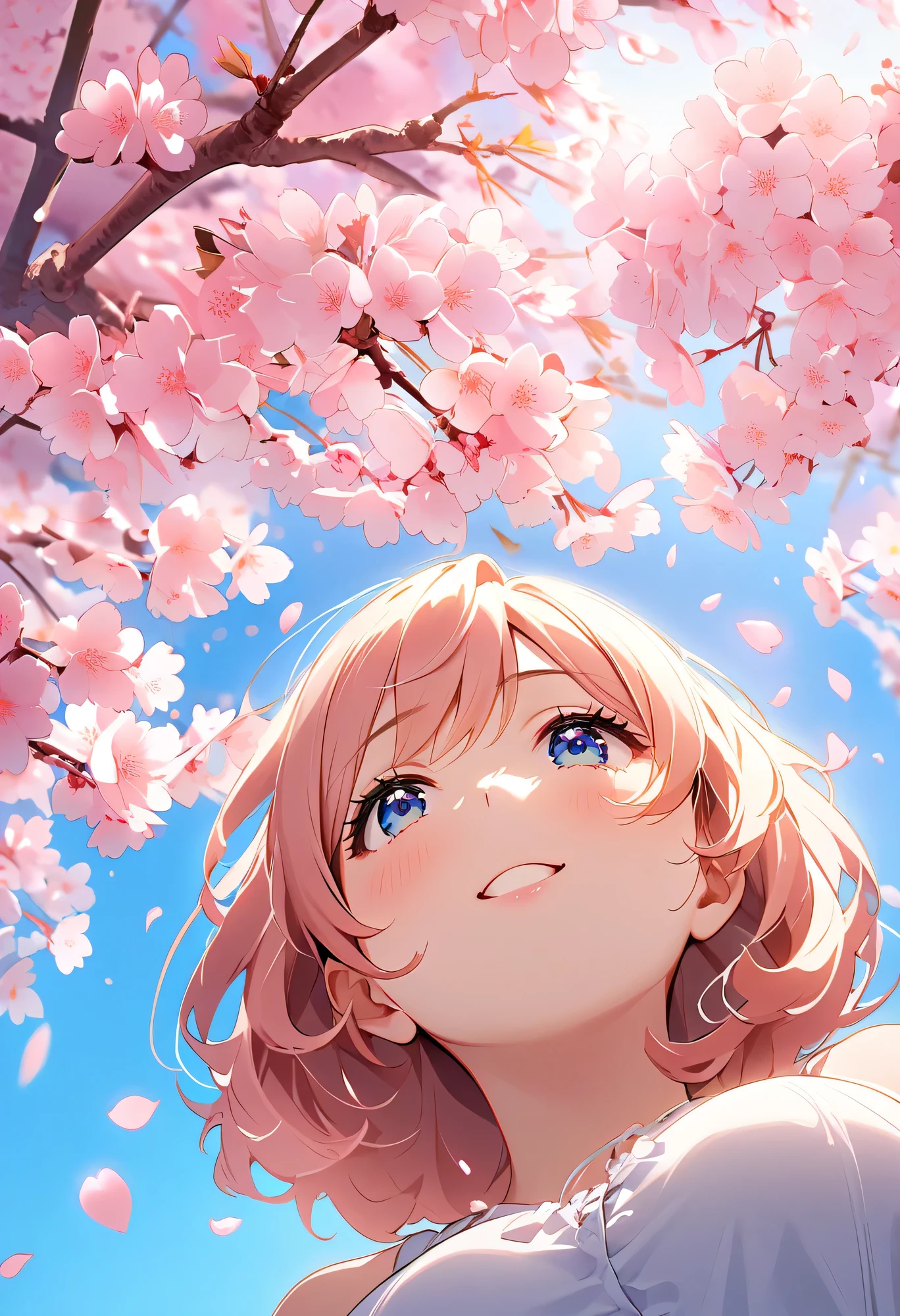 best quality、high resolution、(high image quality:1.4)、masterpiece、detailed background、Highly Detailed Face、detailed eyes、age beauty、huge breasts、(Normal number of fingers:1.3)、anatomically correct、perfect body line、The freshness and fluffy atmosphere of spring、A natural atmosphere where you feel the warmth of spring、 Calm and gentle expression 、The warm spring sun shines in the early afternoon、big smiles、
(A person looking up from below and cherry blossoms in full bloom、Reflecting a clear blue sky:1.5)、(Fluttering petals adorn the screen:1.5)、
Softly stroking the cheeks under a cherry tree in full bloom、When you look up gently, pale pink cherry blossoms spread softly on a canvas with a clear blue sky、The falling petals slowly drift through the sky and the soft light illuminates the cheeks、A moment that blends into the calm and gentle air while being wrapped in the scent of spring、
A pale pastel dress or fluffy blouse and skirt、The hair curls loosely Put it together Give a soft impression、cute