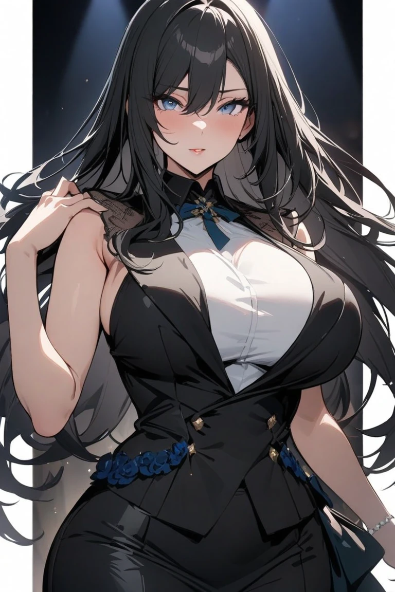 masterpiece, Score_9, Score_8_up, Score_7_up, front view, 1 woman, alone, black hair, long hair, hair without bangs, spiky hair ends, long middle front hair, purple blue eyes, beautiful eyes, detailed eyes, narrowed eyes, smiling mouth thin, expressionless, smooth skin, big breasts, cool black shirt with buttons open and showing white underwear, sleeveless shirt, black shorts, black stockings with red stripes, best quality, almost body.