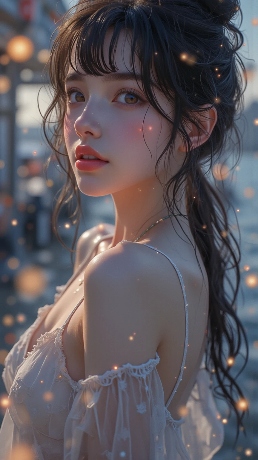 (masterpiece:1.3), (8k, Photorealistic, Raw photo, Best image quality: 1.4), Fair-skinned fairy woman、Long Haircut、Cleavage:2.0、Super detailed face、Attention to detail、double eyelid、Put your chest together、Sharp focus:1.2、Beautiful woman:1.4、Silvery white hair、highest quality、masterpiece、超A high resolution、(Photorealistic:1.4)、Highly detailed and professionally lit smile、Loose, light, Shoulder out、thin、Serious expression、Short-haired、Deadly position, gorgeous accessories, one person (RAW shooting, Photoreal:1.5, 8K, highest quality, masterpiece, ultra high resolution), (((heavy snow))), perfect dynamic composition:1.2, (In front of a city building at night in a modern city, expression of sadness:0.9, Tears are flowing:0.9, cry with a broken heart:0.9), Highly detailed skin and facial textures:1.2, Slim office lady wet in the rain:1.3,  Fair skin:1.2, sexy beauty:1.1, perfect style:1.2, beautiful and aesthetic:1.1, very beautiful face:1.2, water droplets on the skin, (rain drips all over my body:1.2, wet body:1.2, wet hair:1.3), (Holding a wet bouquet:1.2, Wearing a wet white blouse correctly:1.35), (Medium chest, Bra is transparent, Chest gap),  (Eyes that feel beautiful eros:1.0), (Too erotic:0.9, Bewitching:0.9), necklace, earrings, bracelet