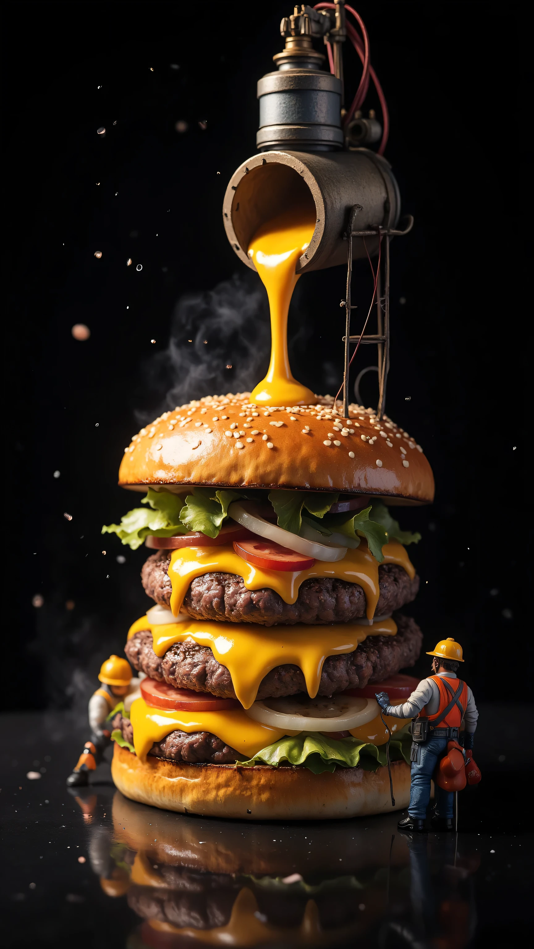 Ultra-detailed macro universe, colossal hamburger with dripping cheese and sesame sparkles dominates the frame, construction-crane-style sauce dispenser pouring molten nacho streams onto patty, micro workers in hard hats operating condiment pipelines and vegetable scaffolding, 8K food architecture with glistening grease reflections, surreal burger construction site with sizzling steam plumes