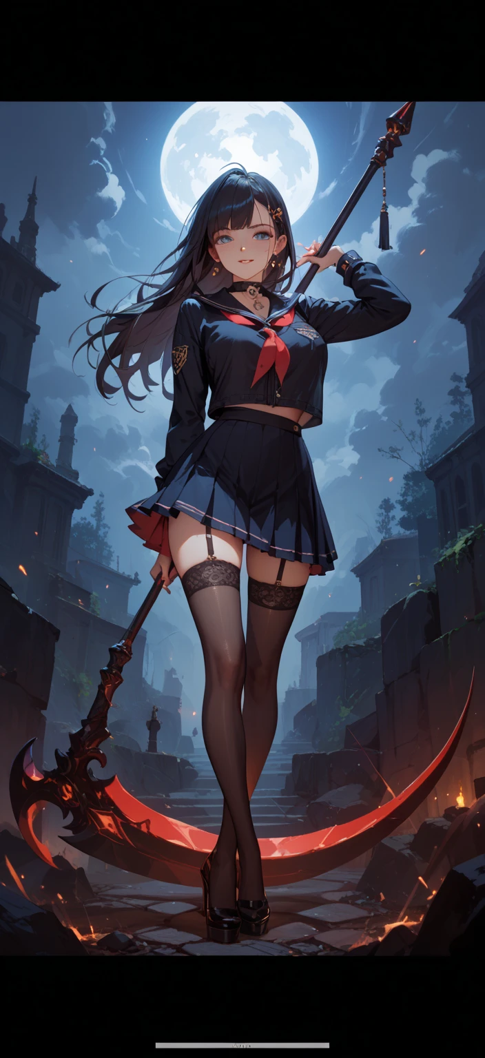 tmasterpiece,best qualtiy,Correct limbs,Girl Fighting with Swords,JK school uniform,emaciated,a black pleated skirt,black lence stockings,thin very long legs,18year old,High school seniors,school ground
