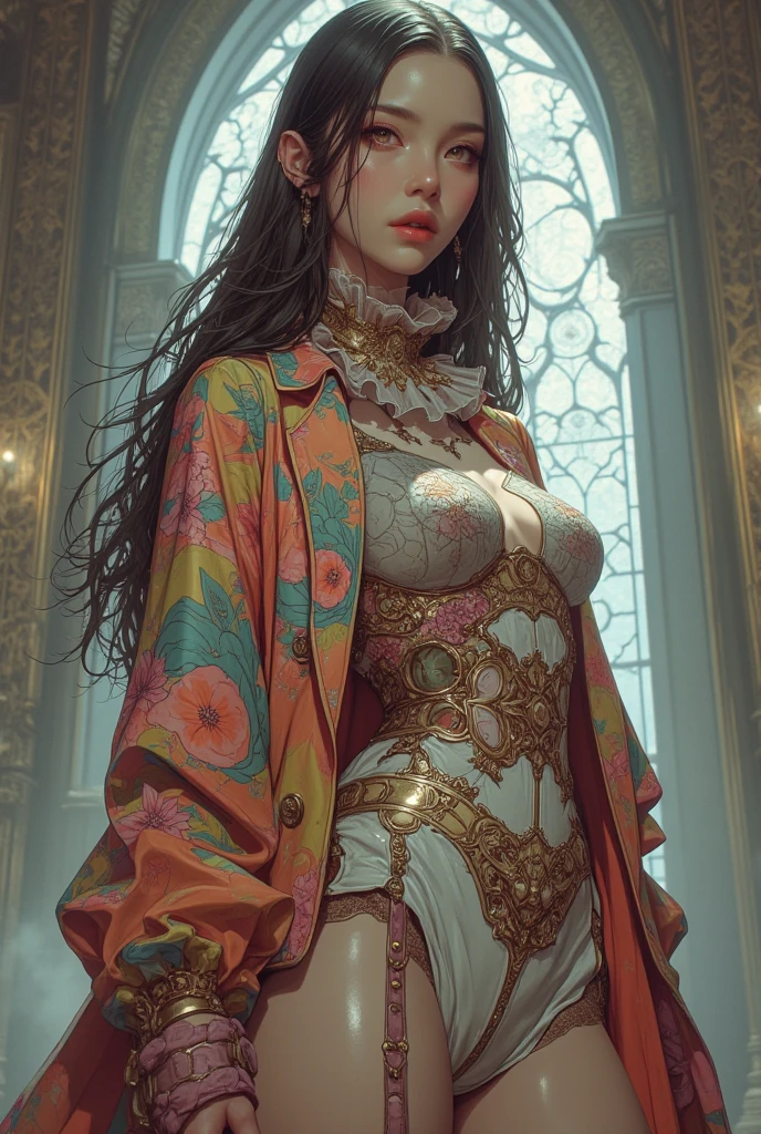 graces, tea party in the garden, mute colors, Rococo-style oil painting, scenery, hollyhocks, (masterpiece, top quality, best quality, official art, beautiful and aesthetic:1.2),(huge breast), narrow waist,cleavage,extreme detailed, highest detailed, masterpiece,More Detail,Colors
