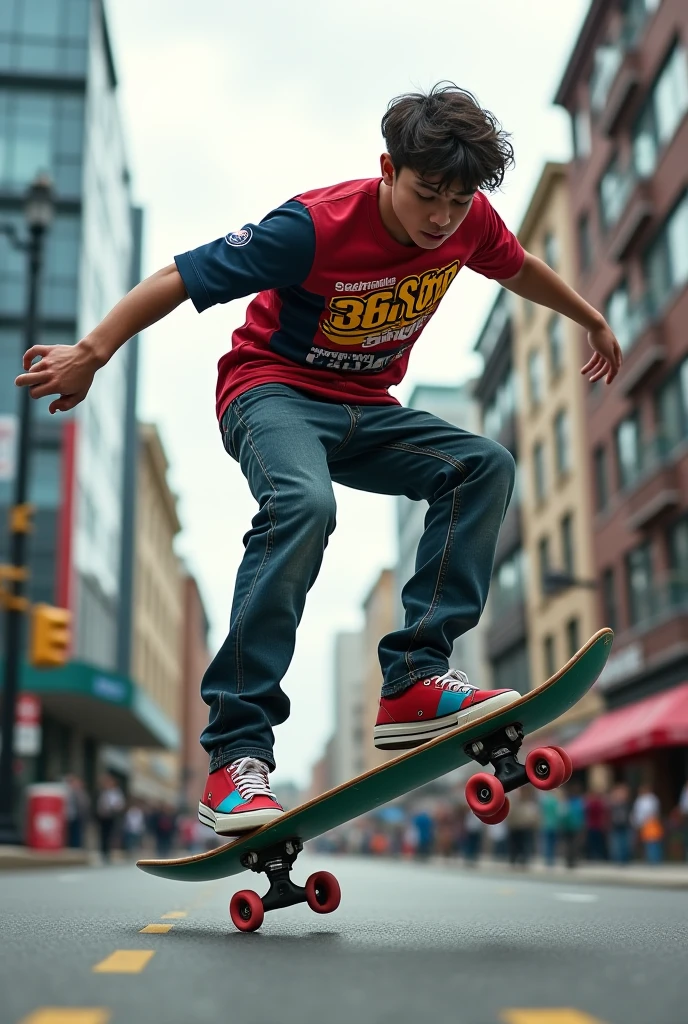 Graffiti of a boy skateboarding and jumping on the shop's shutter、Street Art、8k