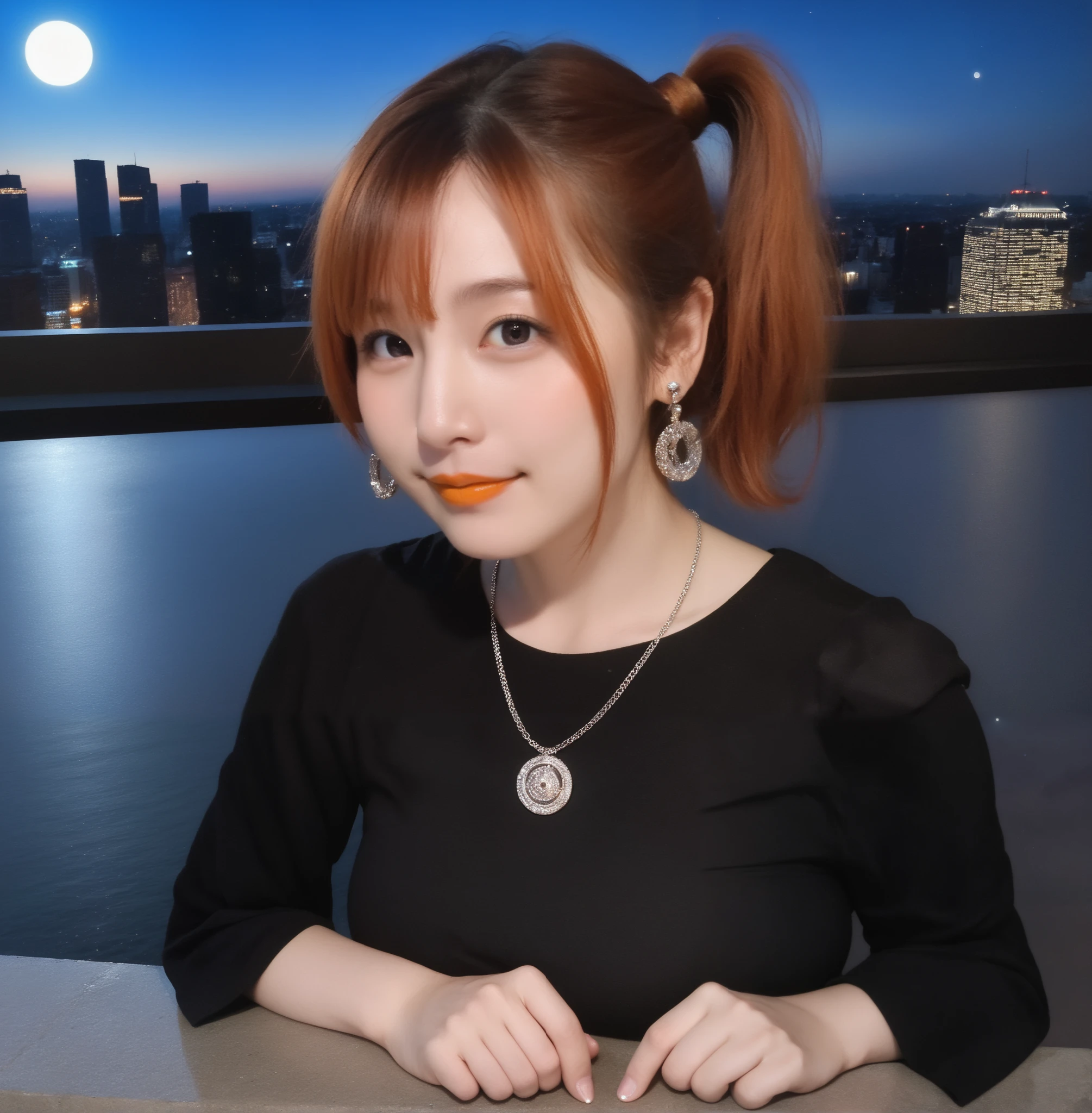 mix 4,(8k, RAW photo, best quality, master:1.2), (realistic, photo-realistic:1.37),1 girl,cute,cityscape of Shumigaoka, Night , full moon, clear night sky professional lighting,photon mapping,radiosity,Physically Based Rendering ,orange hair 1:3 Japanese beauty 18 years old short ponytail big breasts, big 1:2, cute and big eyes,high nose small mouth long eyelashes double eyelids Natural Makeup Orange lipstick, thin body shapes black blouse plaid mini skirt earrings,necklace Touching your hair