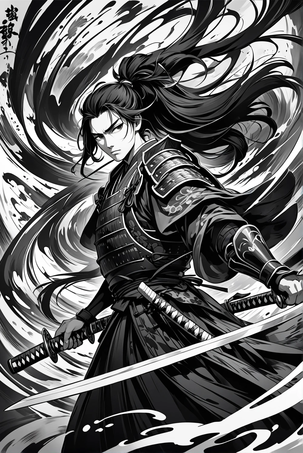 A young man with long hair, half-black and half-white long hair, hlfcol haired, black and white hair, sharp eyes, a confident expression, a heroic countenance, he wears a flowing two-piece martial arts-style robe, matching loose trousers, holding a slender sword in his left hand, the night sky, standing amidst a snowy mountain landscape, snowflakes falling all around, this character embodies a finely crafted Chinese swordsman design in anime style, characterized by a sophisticated and mature manga illustration art style, high definition, best quality, highres, ultra-detailed, ultra-fine painting, extremely delicate, professional, anatomically correct, symmetrical face, extremely detailed eyes and face, high quality eyes, creativity, RAW photo, UHD, 8k, Natural light, cinematic lighting, masterpiece:1.5